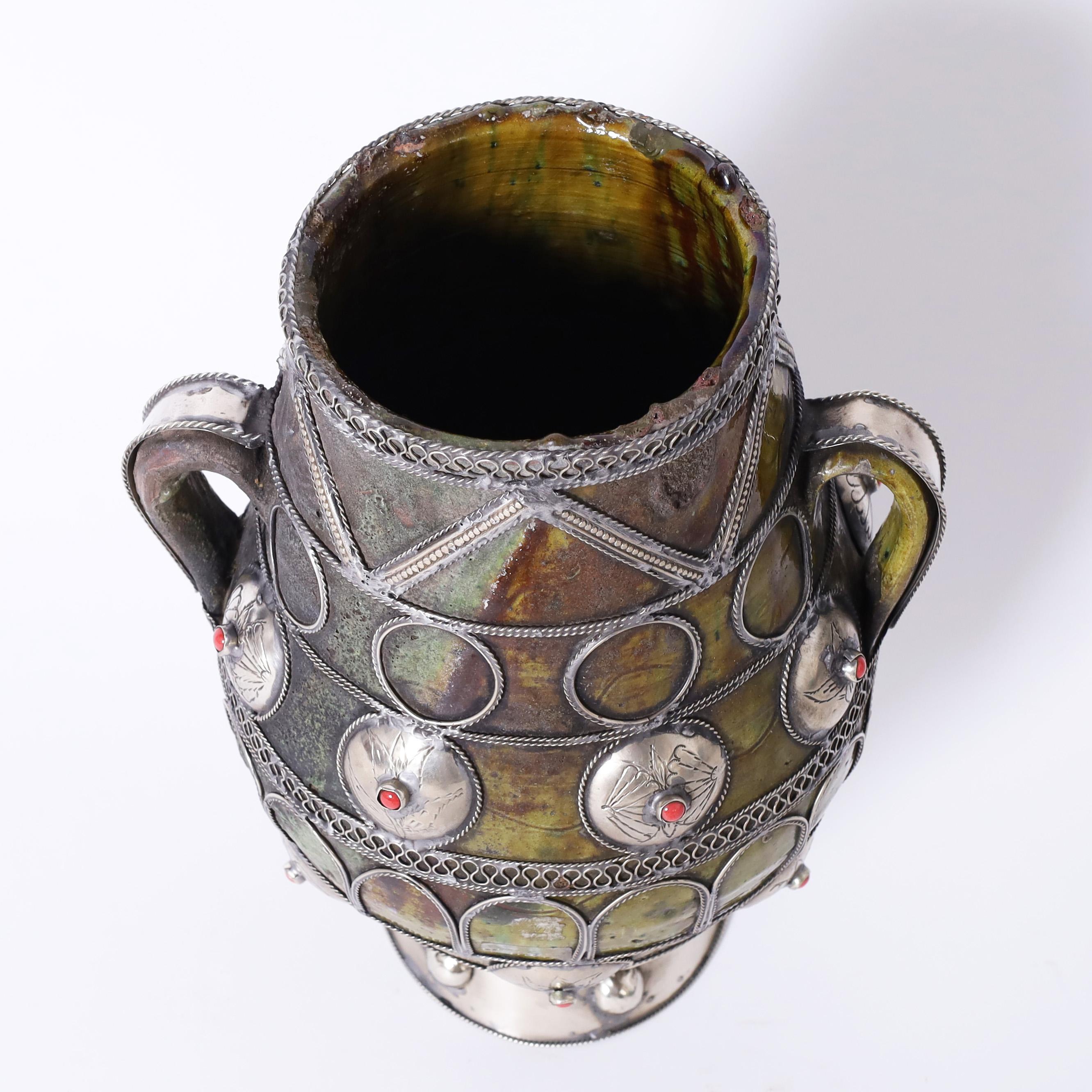 Moorish Moroccan Earthenware Vase with Metalwork For Sale