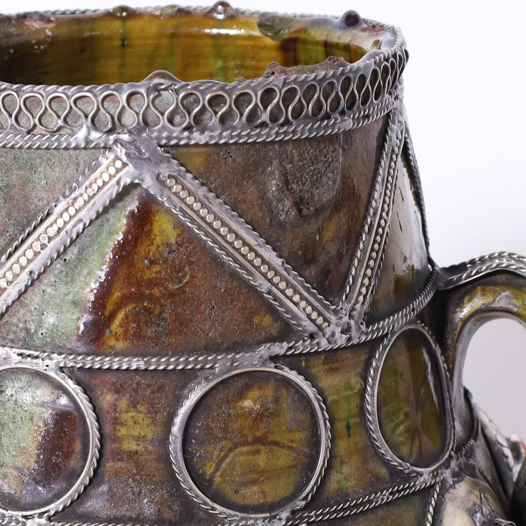 Glazed Moroccan Earthenware Vase with Metalwork For Sale