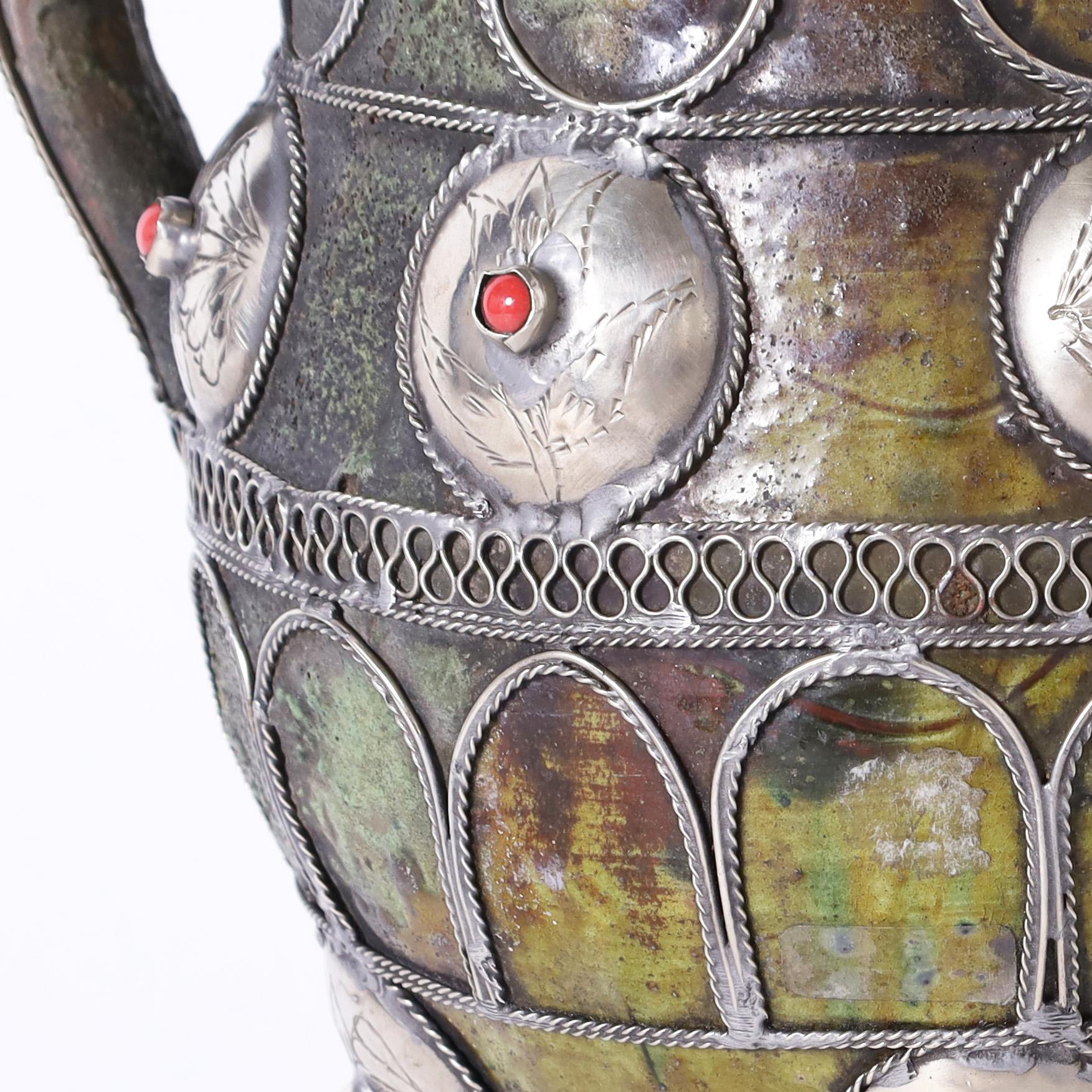 20th Century Moroccan Earthenware Vase with Metalwork For Sale