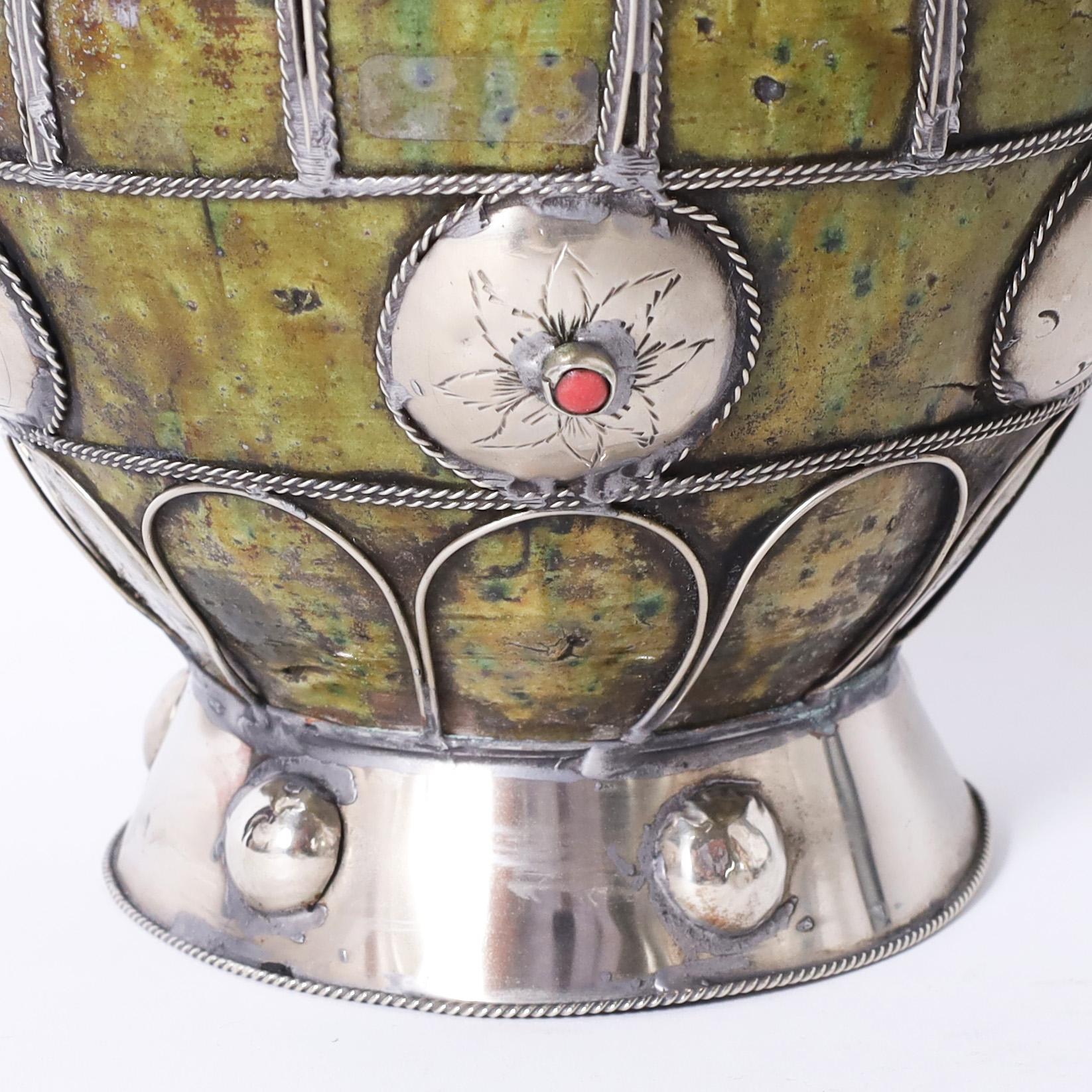 Terracotta Moroccan Earthenware Vase with Metalwork For Sale