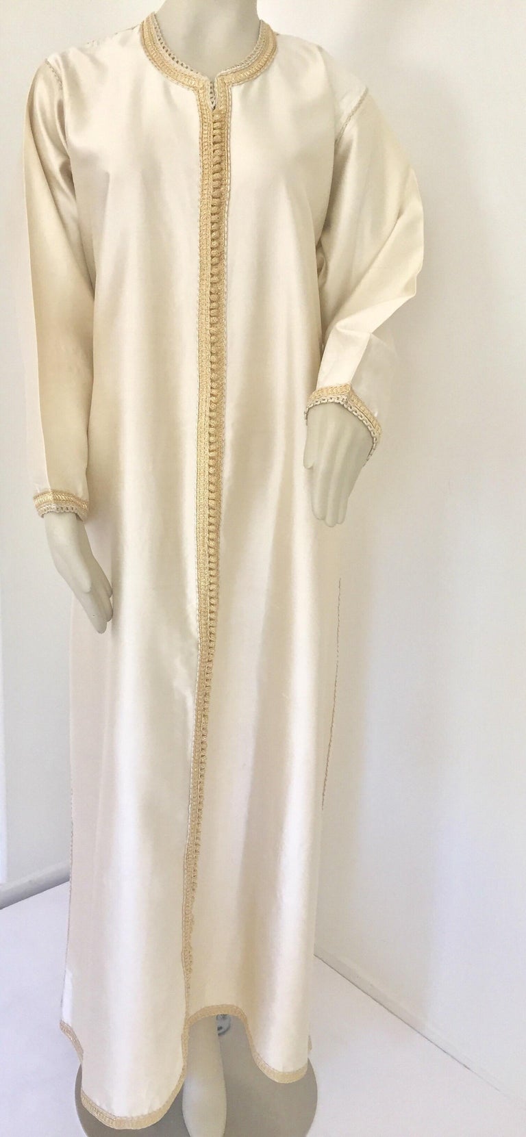 Beige Moroccan Elegant Luxury Dupiono Silk Caftan Gown Maxi Dress For Sale
