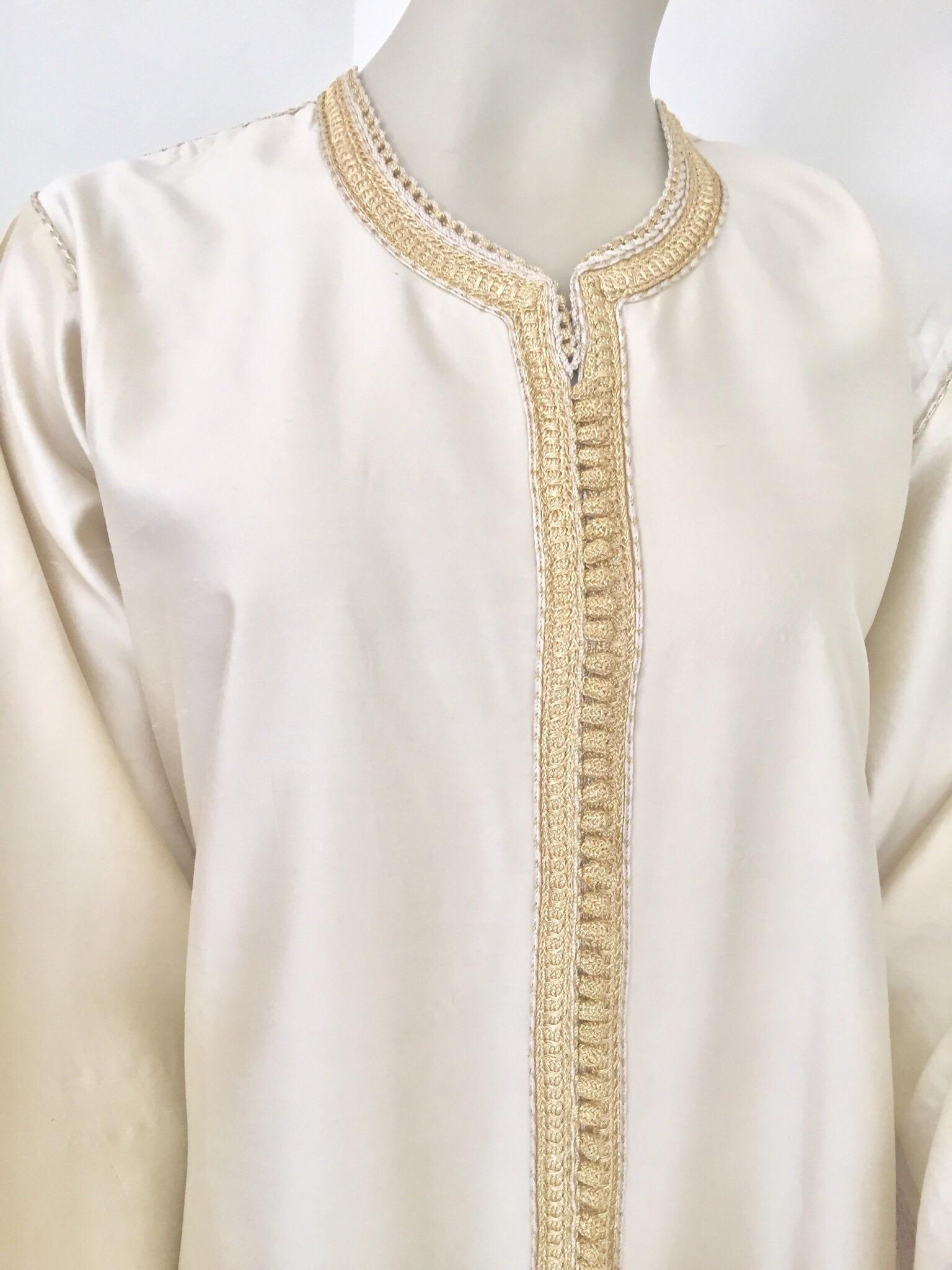 Beige Moroccan Elegant Luxury Dupiono Silk Caftan Gown Maxi Dress For Sale