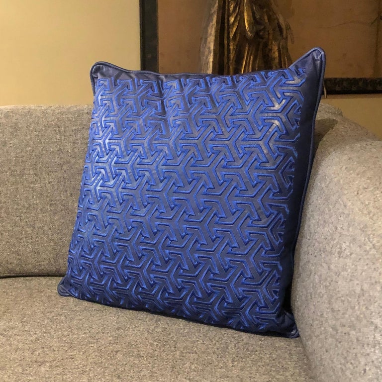 Blue Leather Embroidered Moroccan Throw Pillow at 1stDibs
