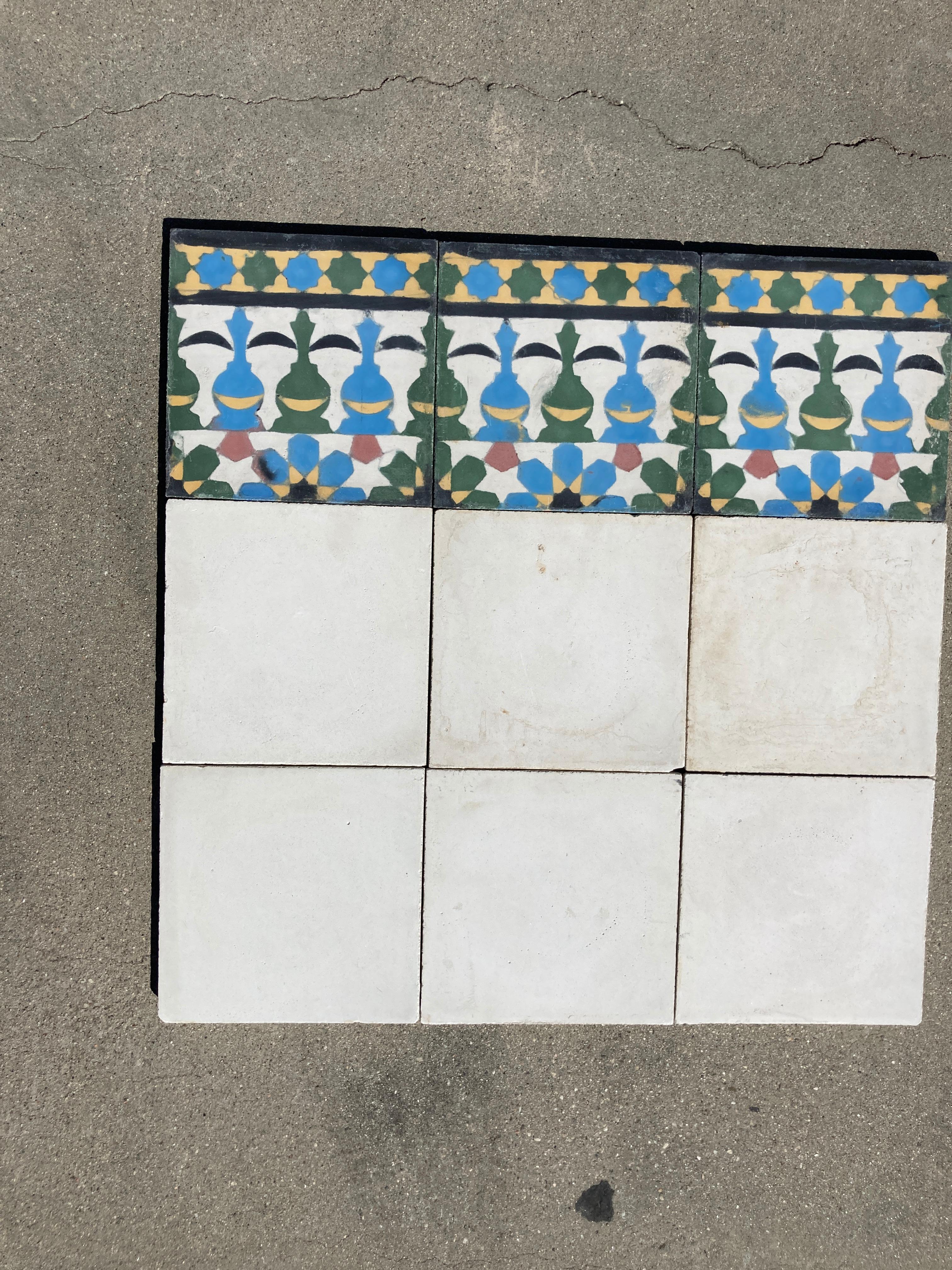 Hand-Crafted Moroccan Encaustic Cement Tile Border with Moorish Fez Design For Sale