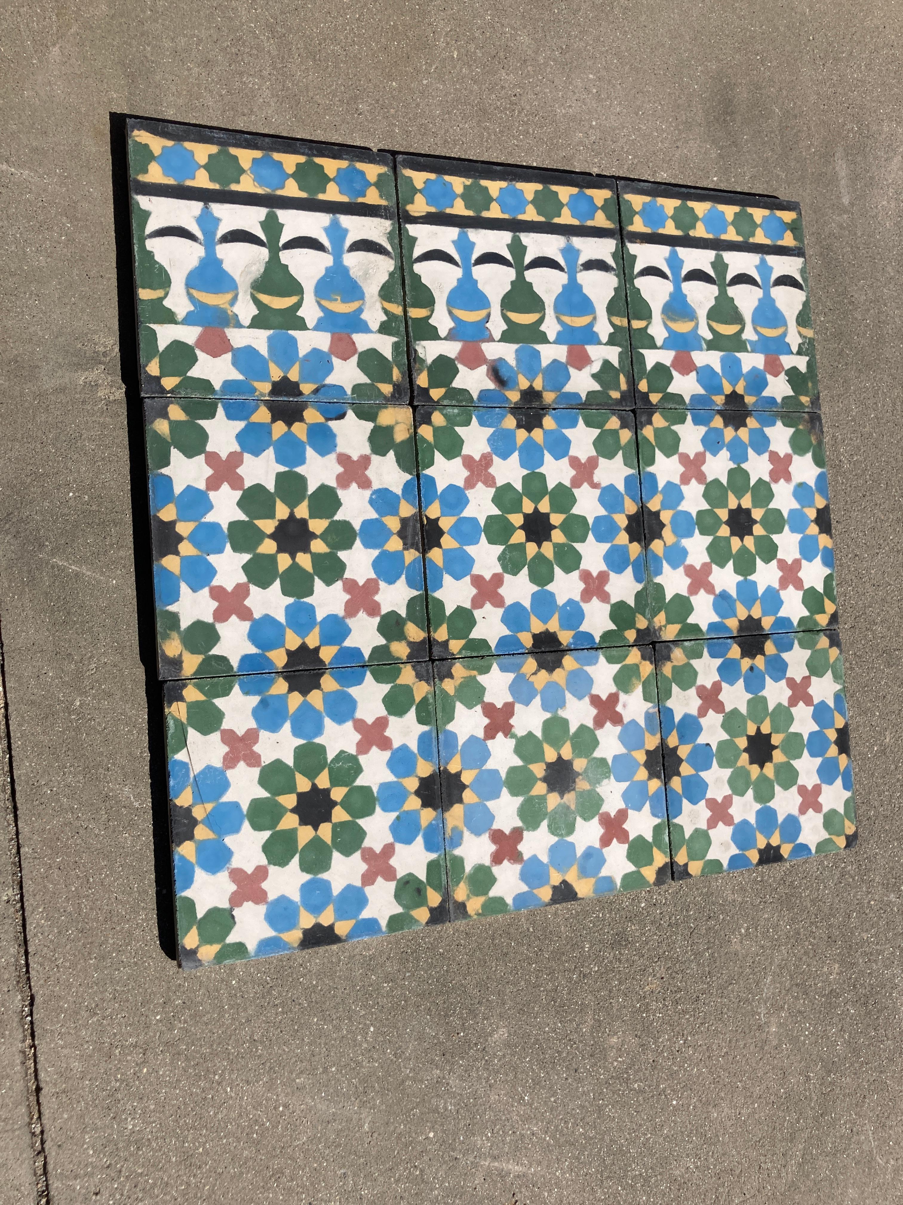 Moroccan Encaustic Cement Tile Border with Moorish Fez Design In Good Condition For Sale In North Hollywood, CA