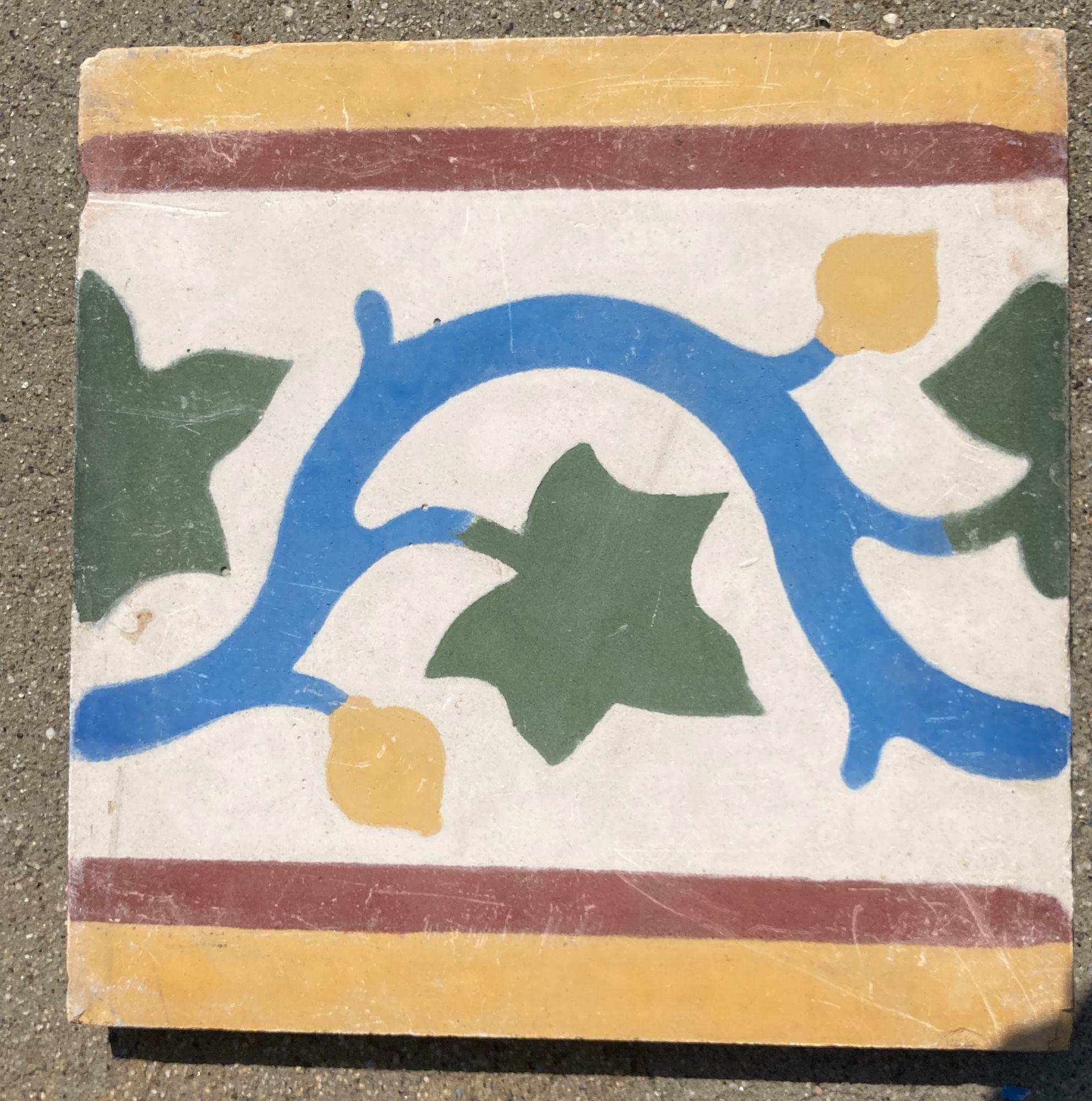 Moroccan Encaustic Cement Tile Border with Moorish Leaf Design Set of 2 For Sale 4