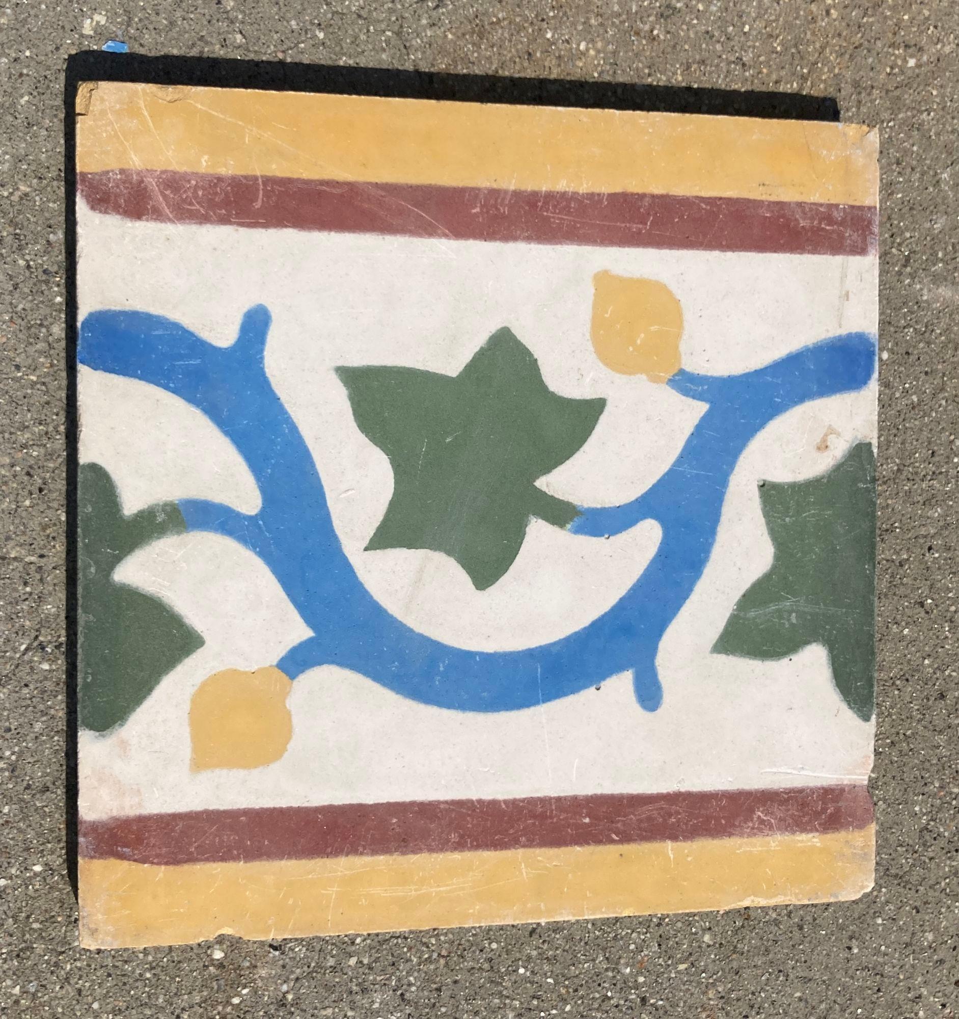 Moroccan Encaustic Cement Tile Border with Moorish Leaf Design Set of 2 For Sale 5