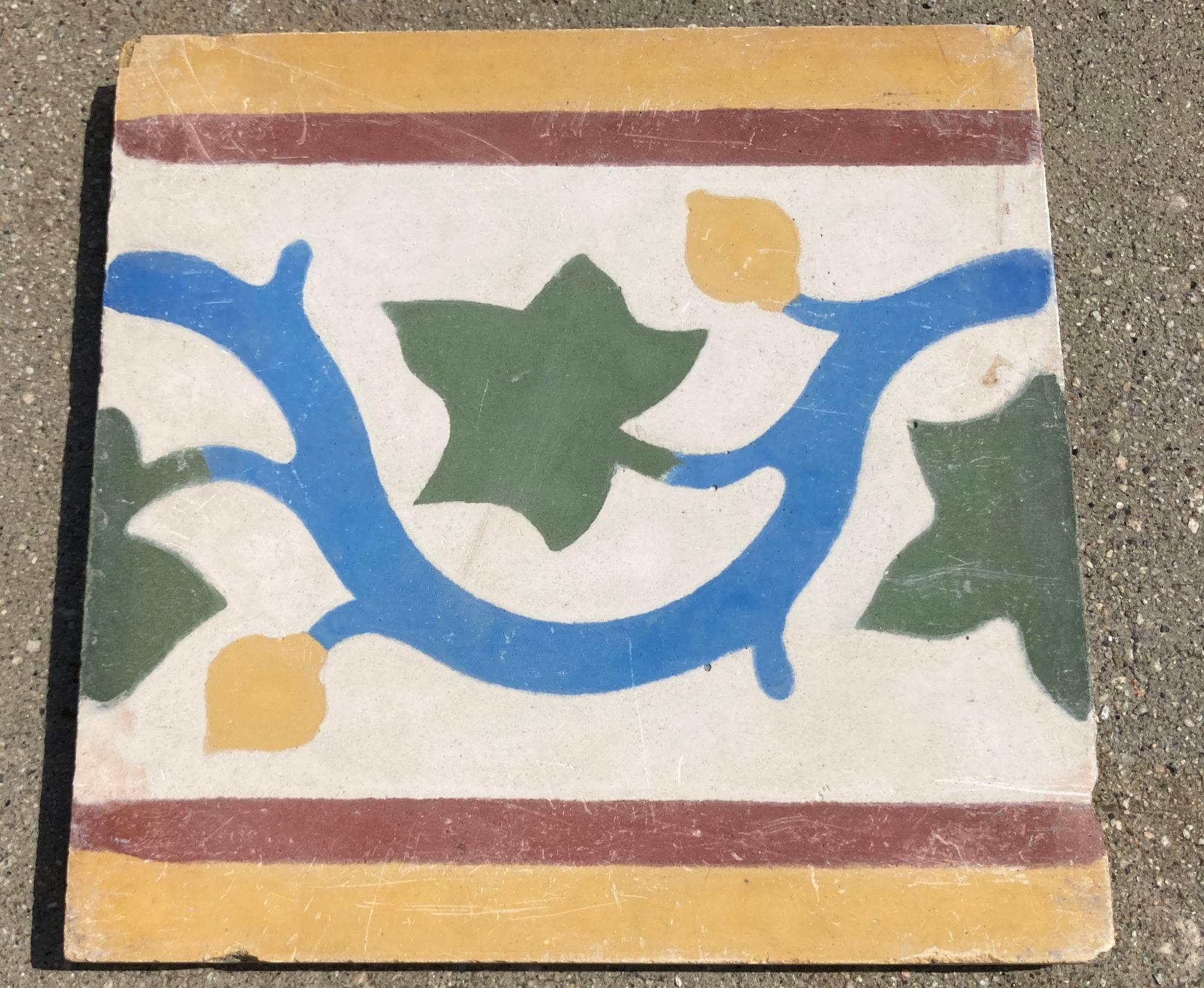 Moroccan Encaustic Cement Tile Border with Moorish Leaf Design Set of 2 For Sale 6