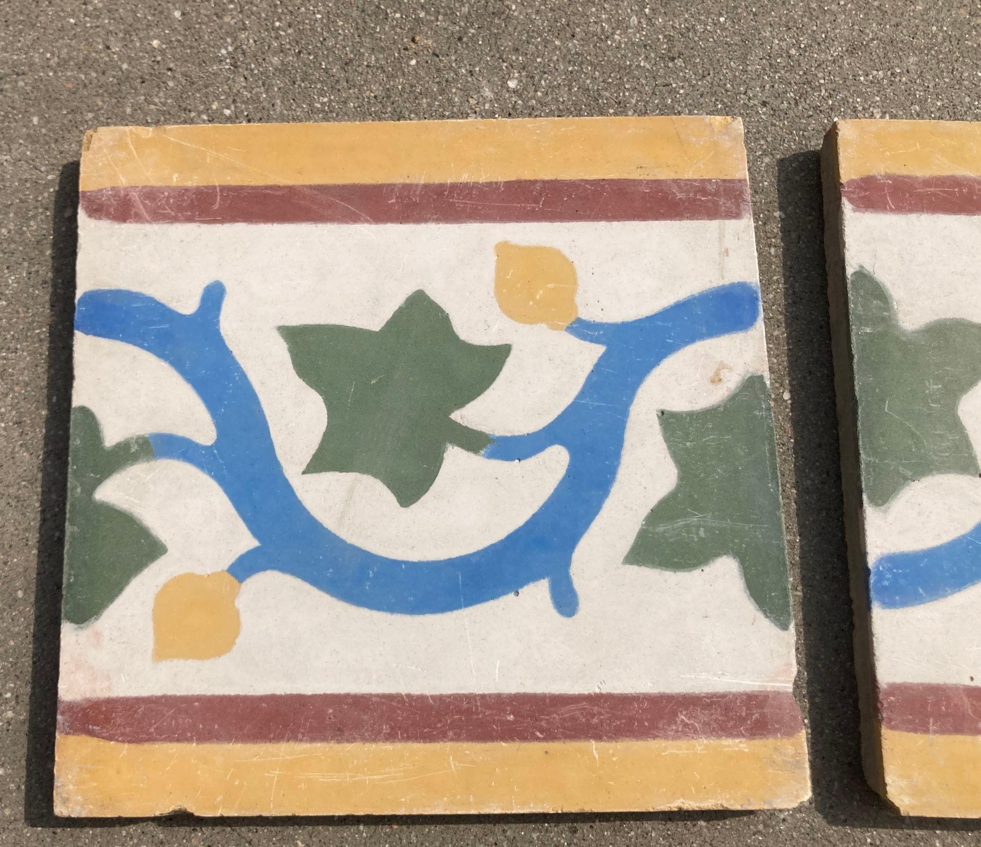 Moroccan Encaustic Cement Tile Border with Moorish Leaf Design Set of 2 For Sale 10