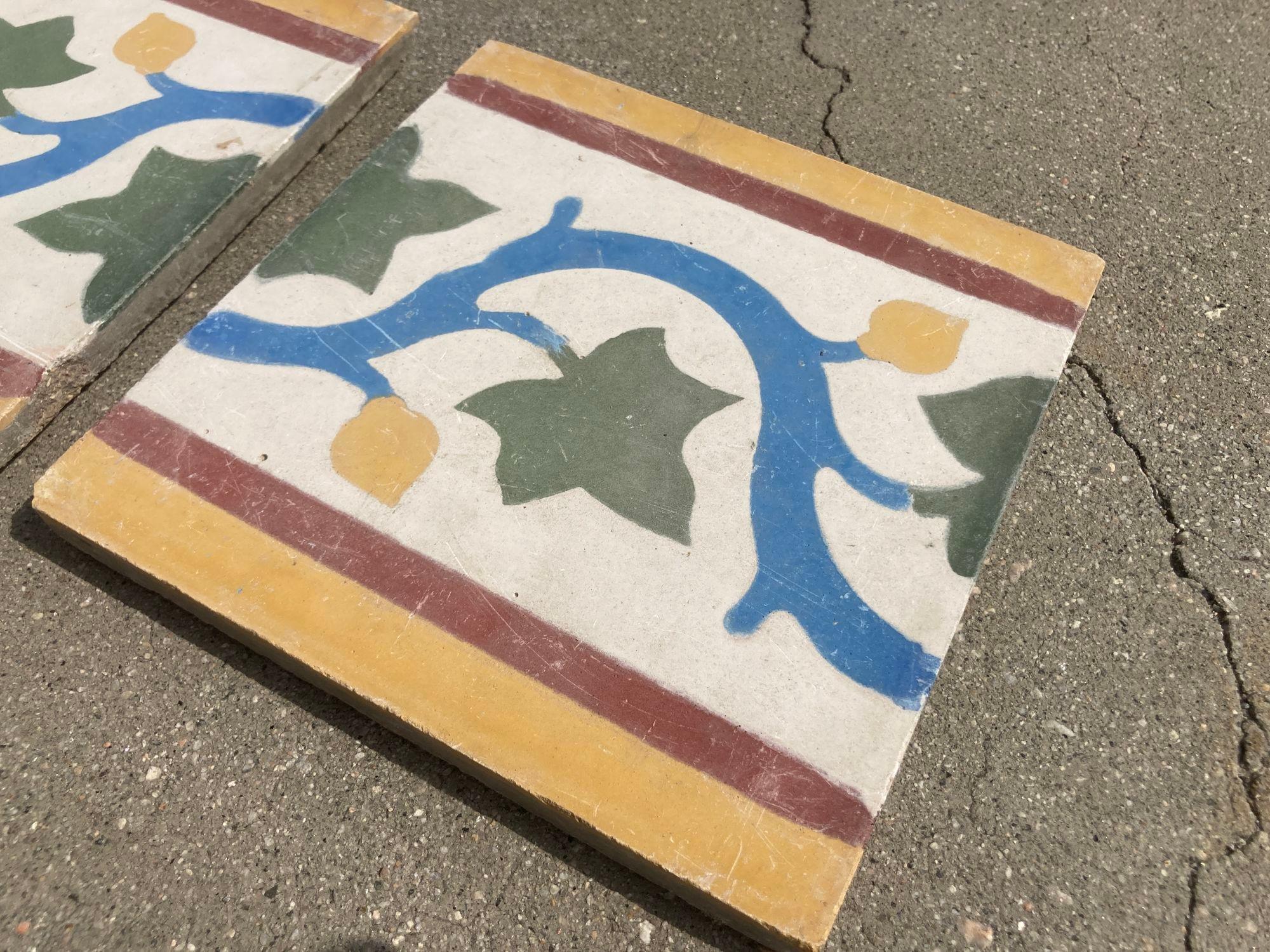 Moroccan Encaustic Cement Tile Border with Moorish Leaf Design Set of 2 For Sale 11