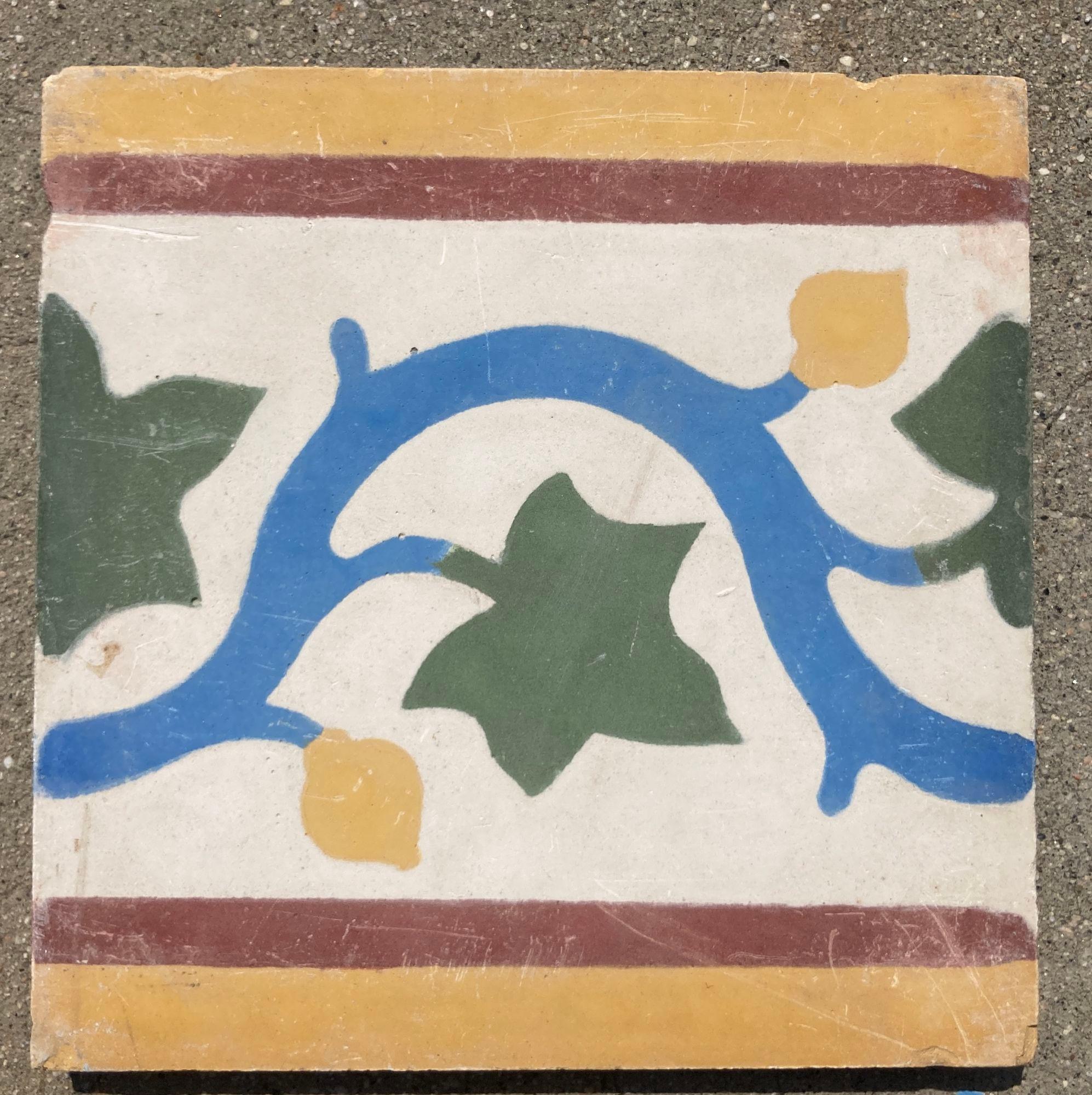 Hand-Crafted Moroccan Encaustic Cement Tile Border with Moorish Leaf Design Set of 2 For Sale
