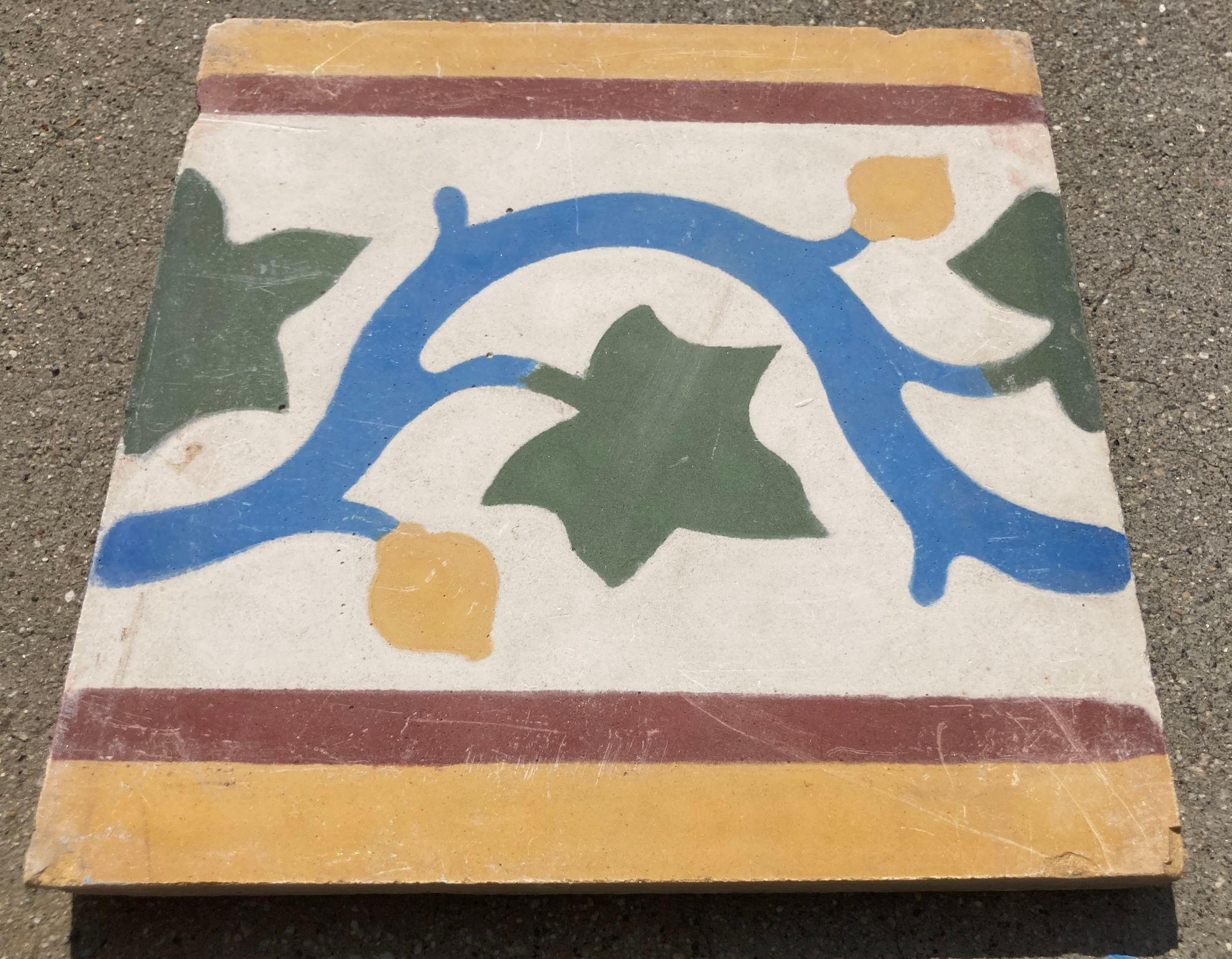 Moroccan Encaustic Cement Tile Border with Moorish Leaf Design Set of 2 In Fair Condition For Sale In North Hollywood, CA