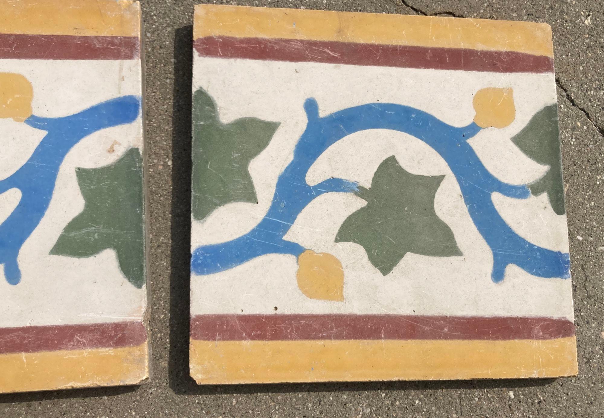 Moroccan Encaustic Cement Tile Border with Moorish Leaf Design Set of 2 For Sale 1