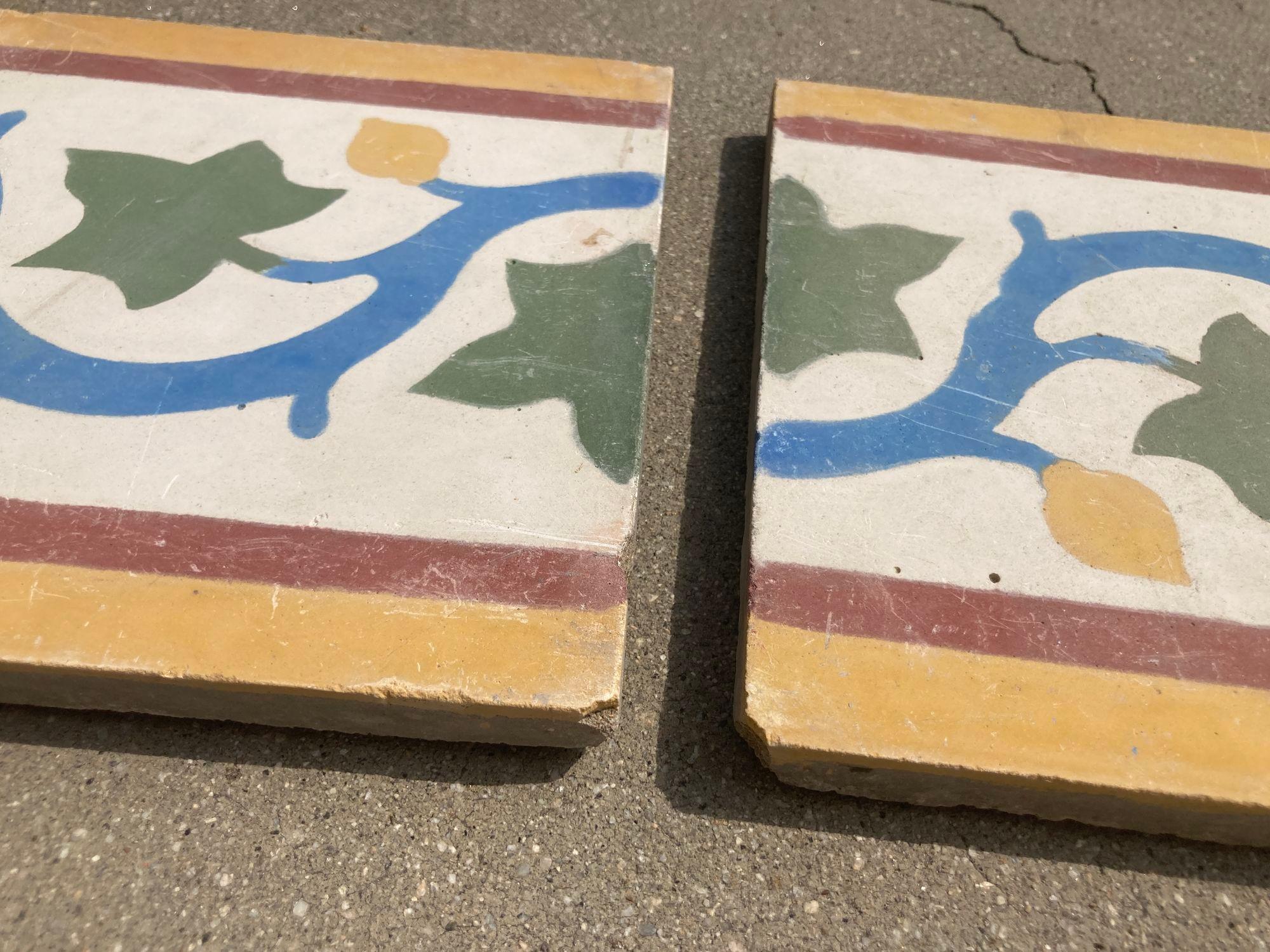 Moroccan Encaustic Cement Tile Border with Moorish Leaf Design Set of 2 For Sale 2