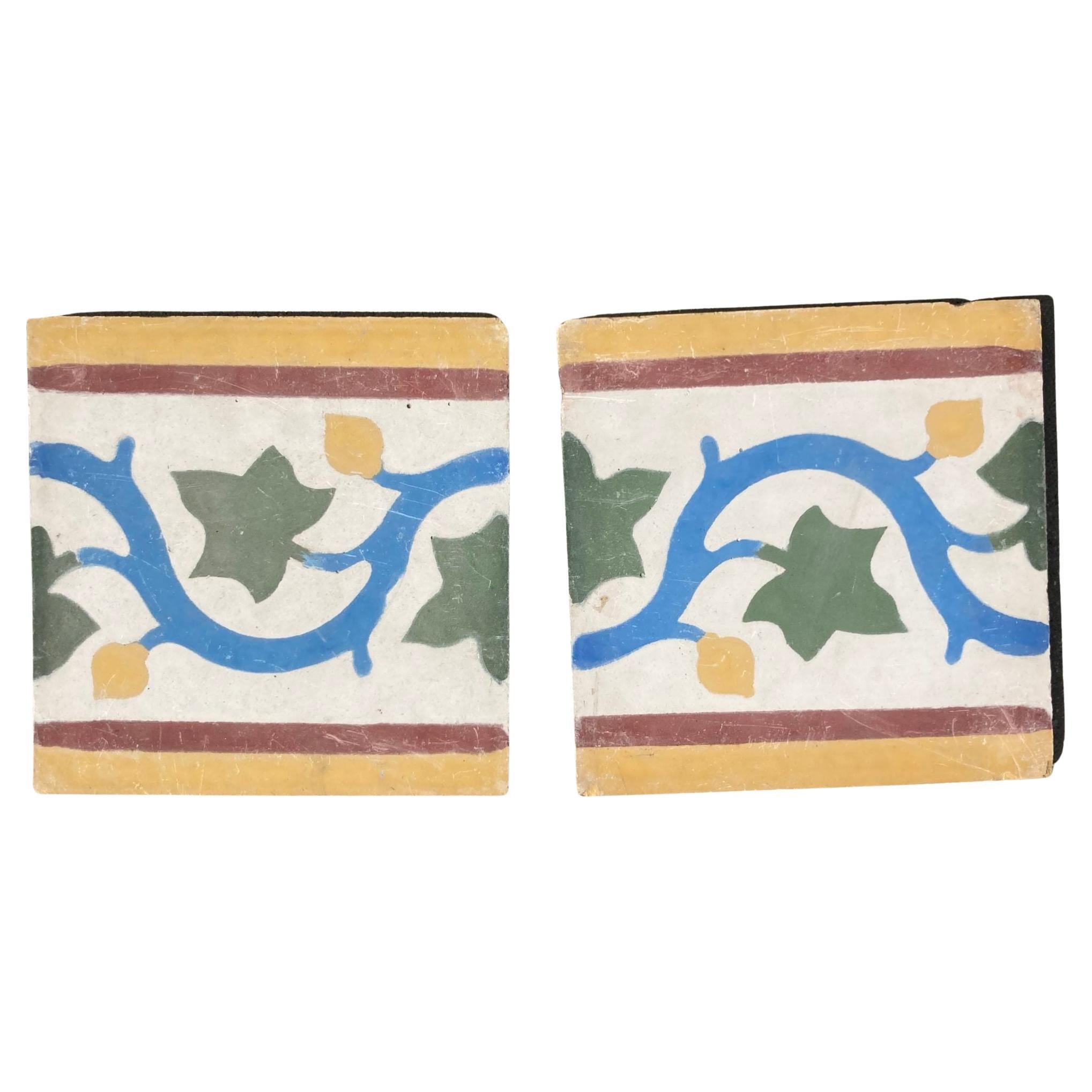 Moroccan Encaustic Cement Tile Border with Moorish Leaf Design Set of 2 For Sale