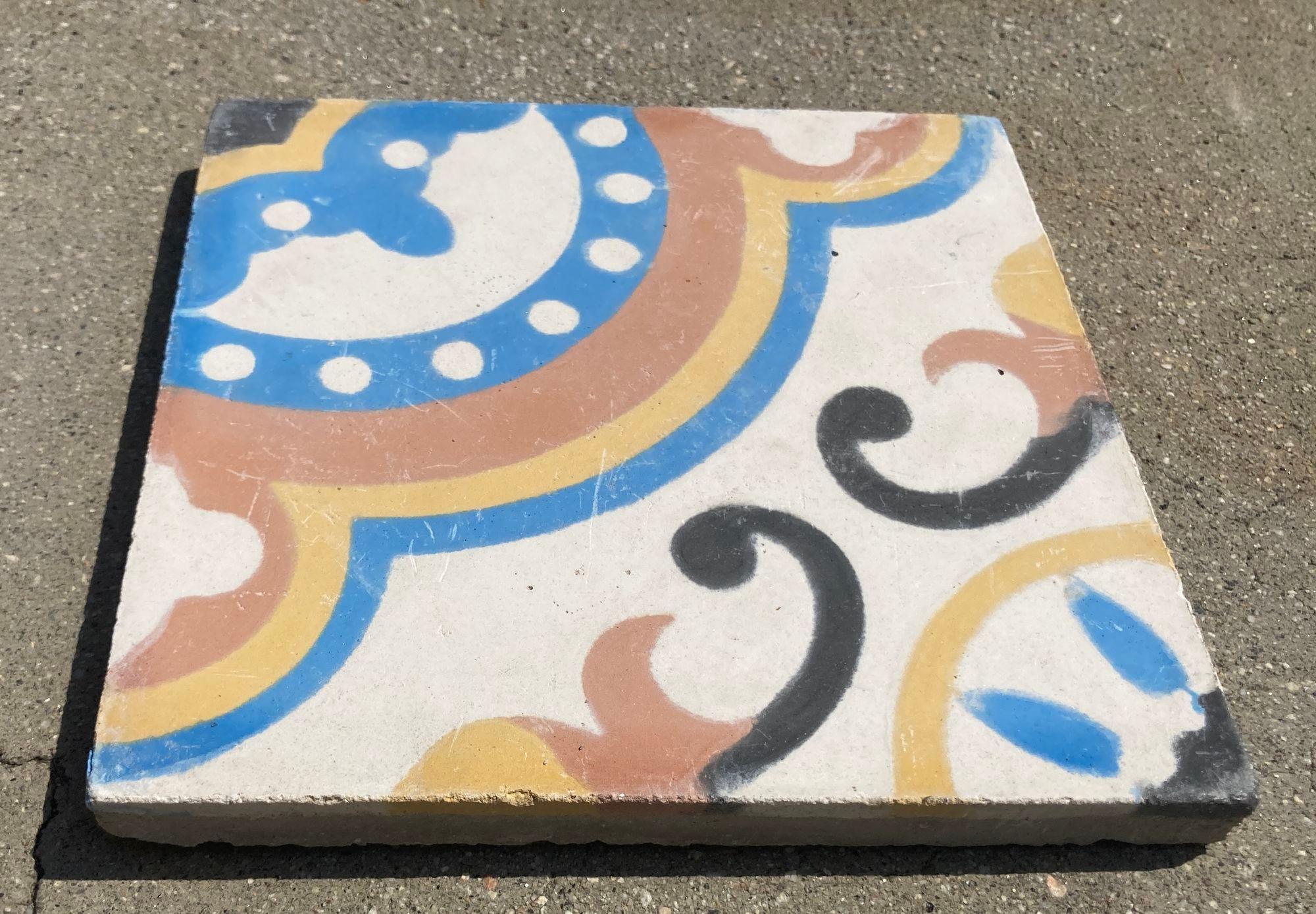 Moroccan Encaustic Cement Tile with Moorish Blue Design In Fair Condition In North Hollywood, CA