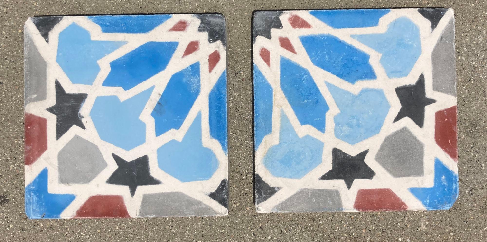 Moroccan Encaustic Cement Tile Border with Moorish Fez Design.
Moroccan handcrafted reclaimed cement tiles with traditional Fez color.
These are authentic Moroccan reclaimed encaustic tiles hand made by artisans in Fez Morocco.
This is the