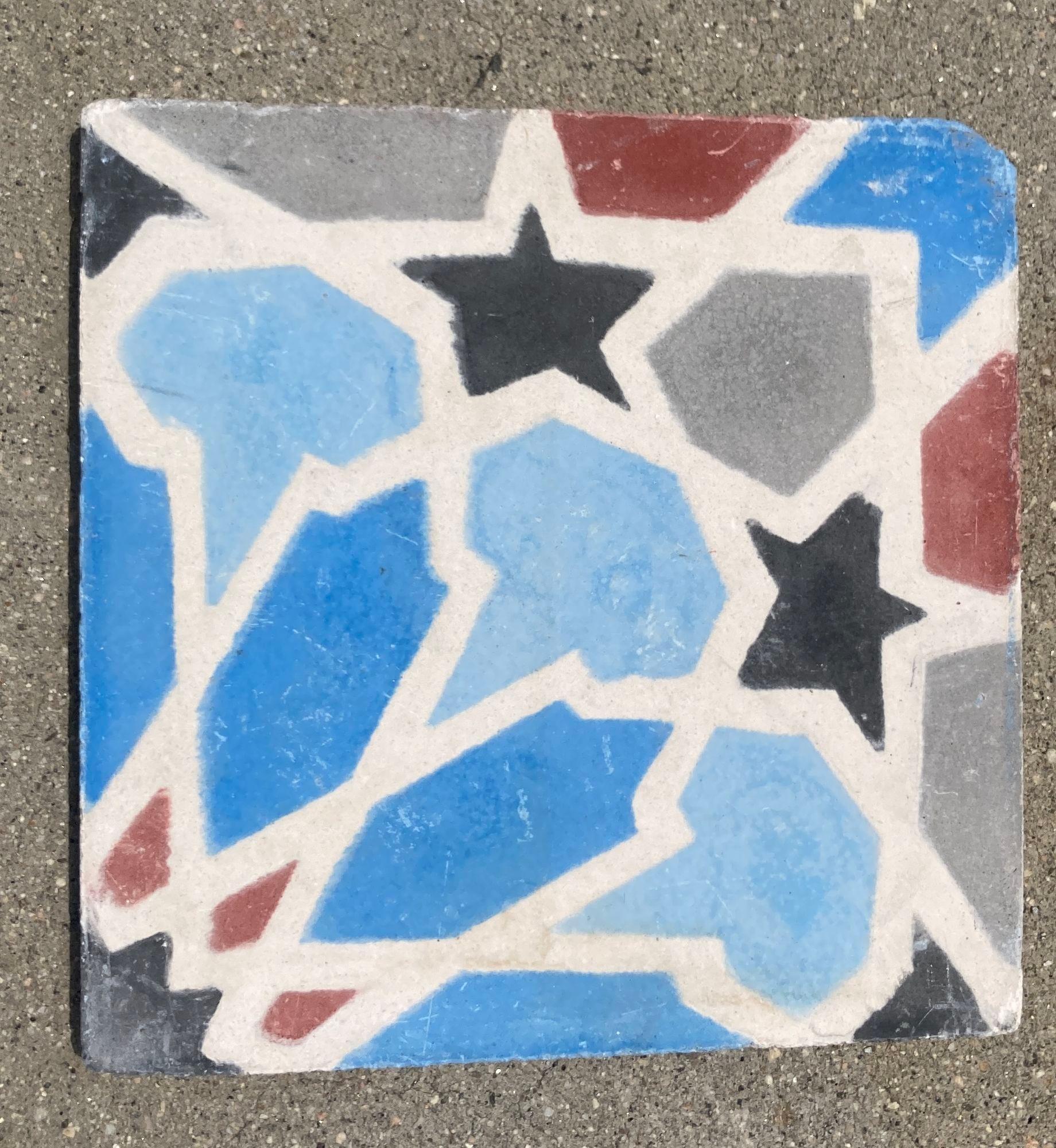 Hand-Crafted Moroccan Encaustic Cement Tile with Moorish Fez Design Set of 2 For Sale