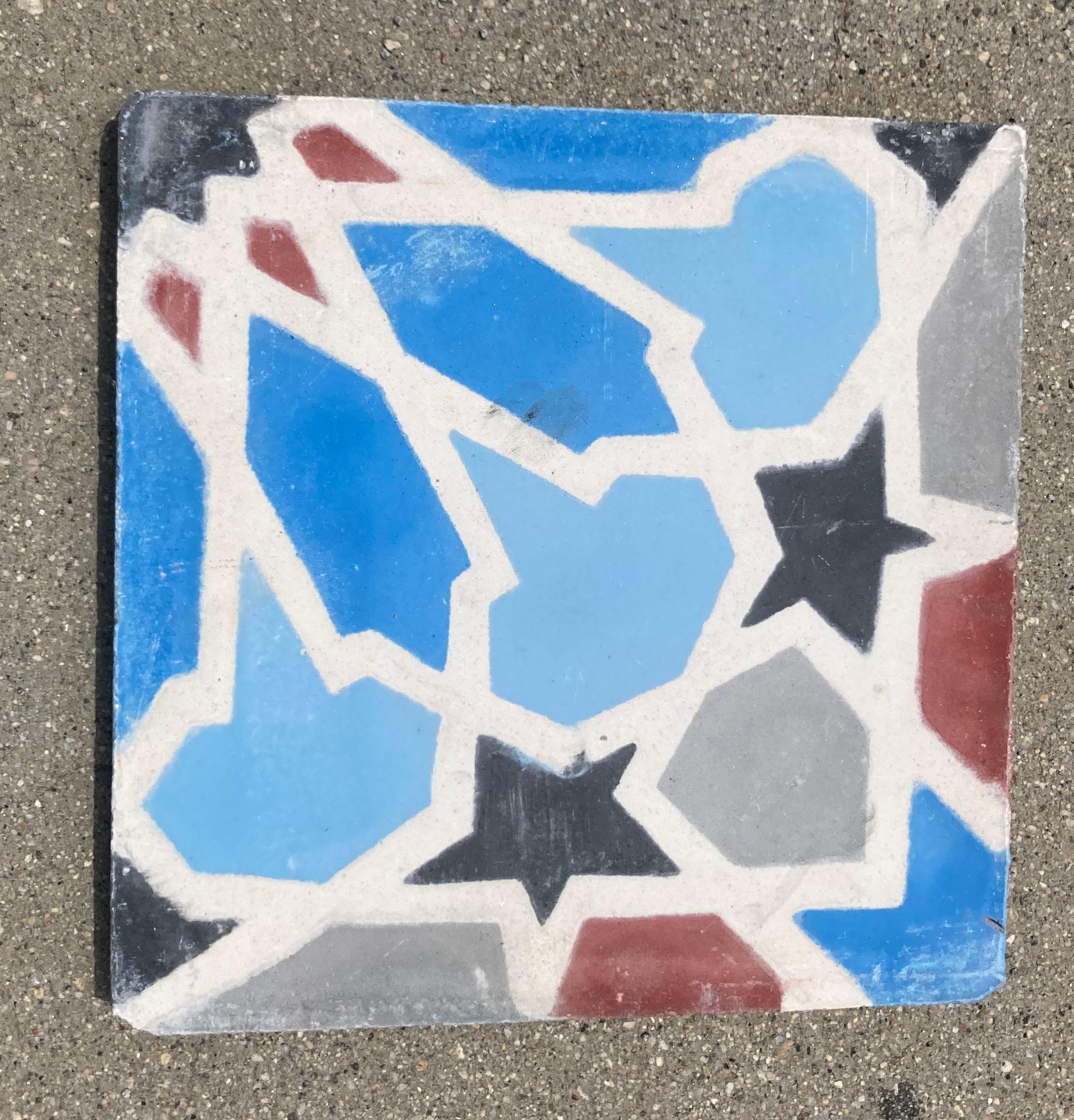 Moroccan Encaustic Cement Tile with Moorish Fez Design Set of 2 In Good Condition For Sale In North Hollywood, CA