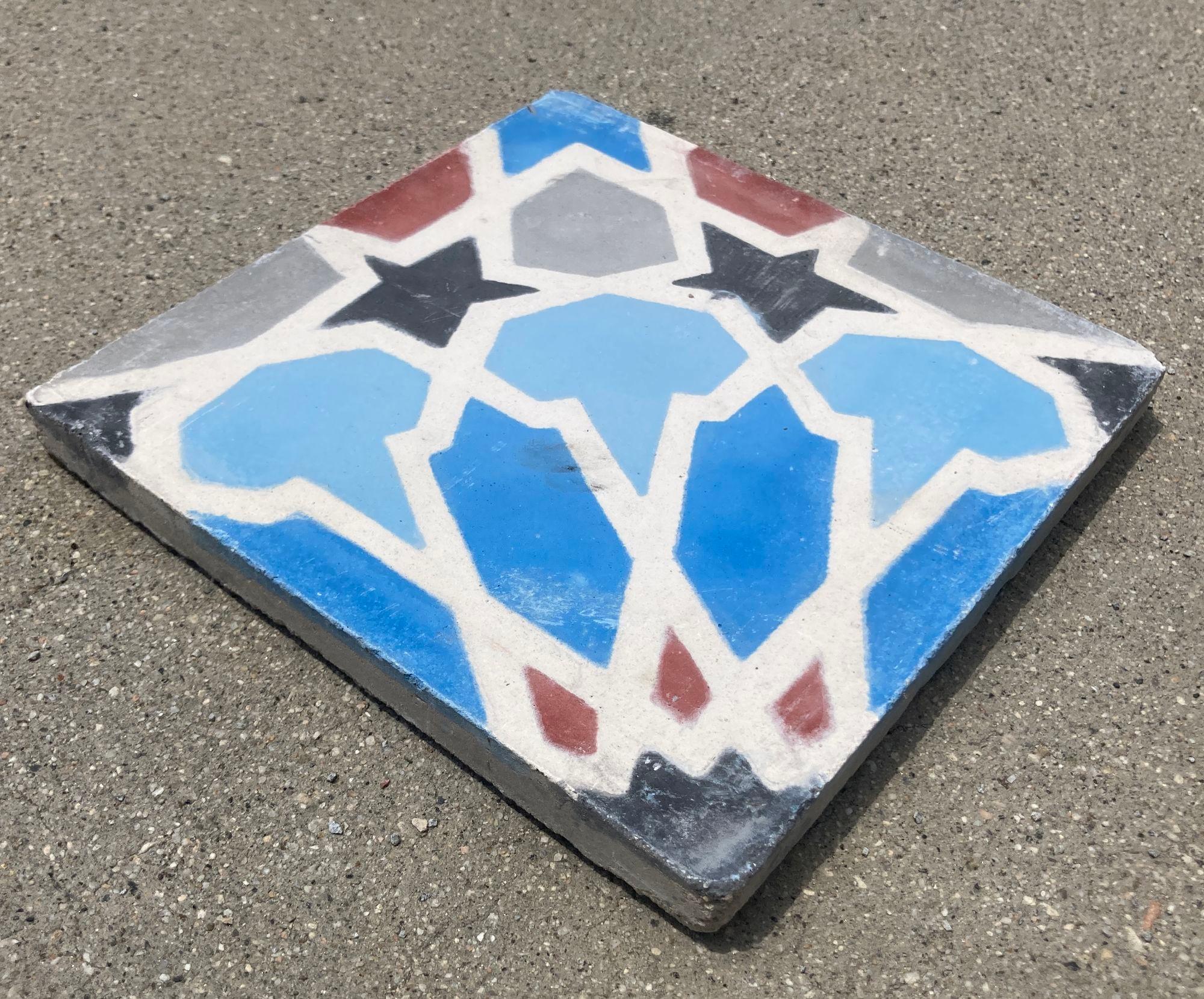 Moroccan Encaustic Cement Tile with Moorish Fez Design Set of 2 For Sale 1