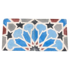 Used Moroccan Encaustic Cement Tile with Moorish Fez Design Set of 2