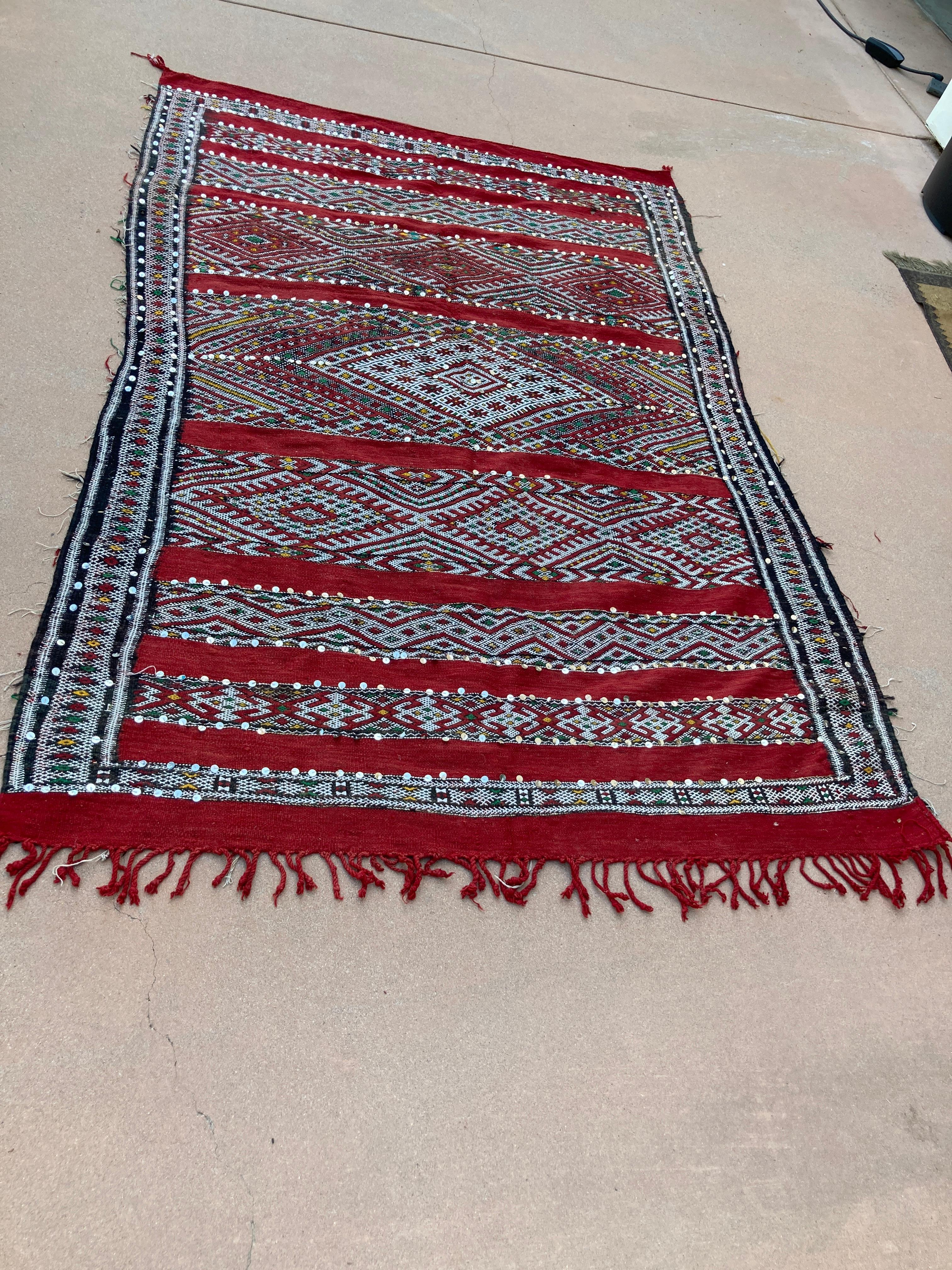 Folk Art 1960s Authentic Moroccan Ethnic Rug with Sequins North Africa, Handira For Sale