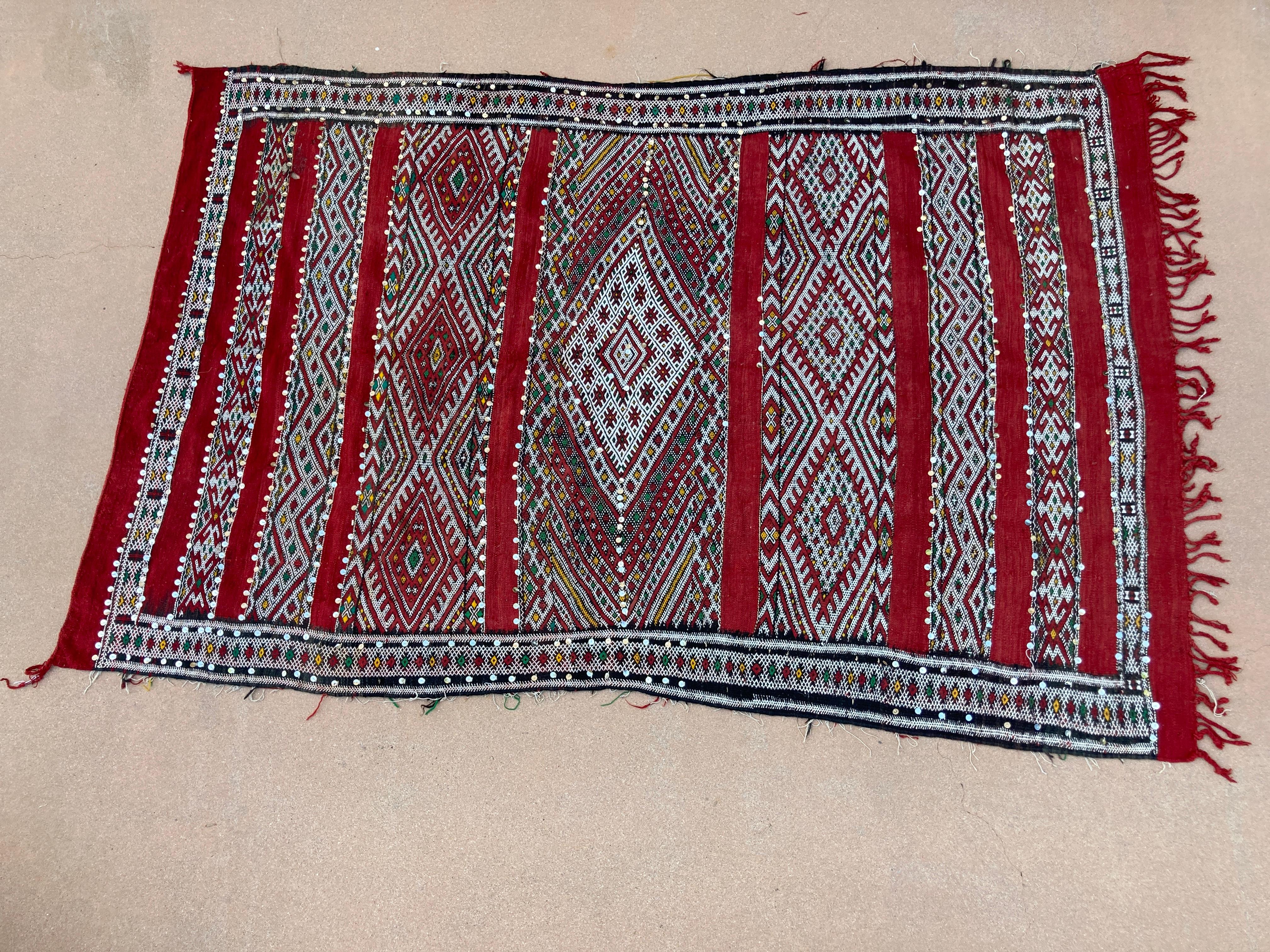 Hand-Woven 1960s Authentic Moroccan Ethnic Rug with Sequins North Africa, Handira For Sale