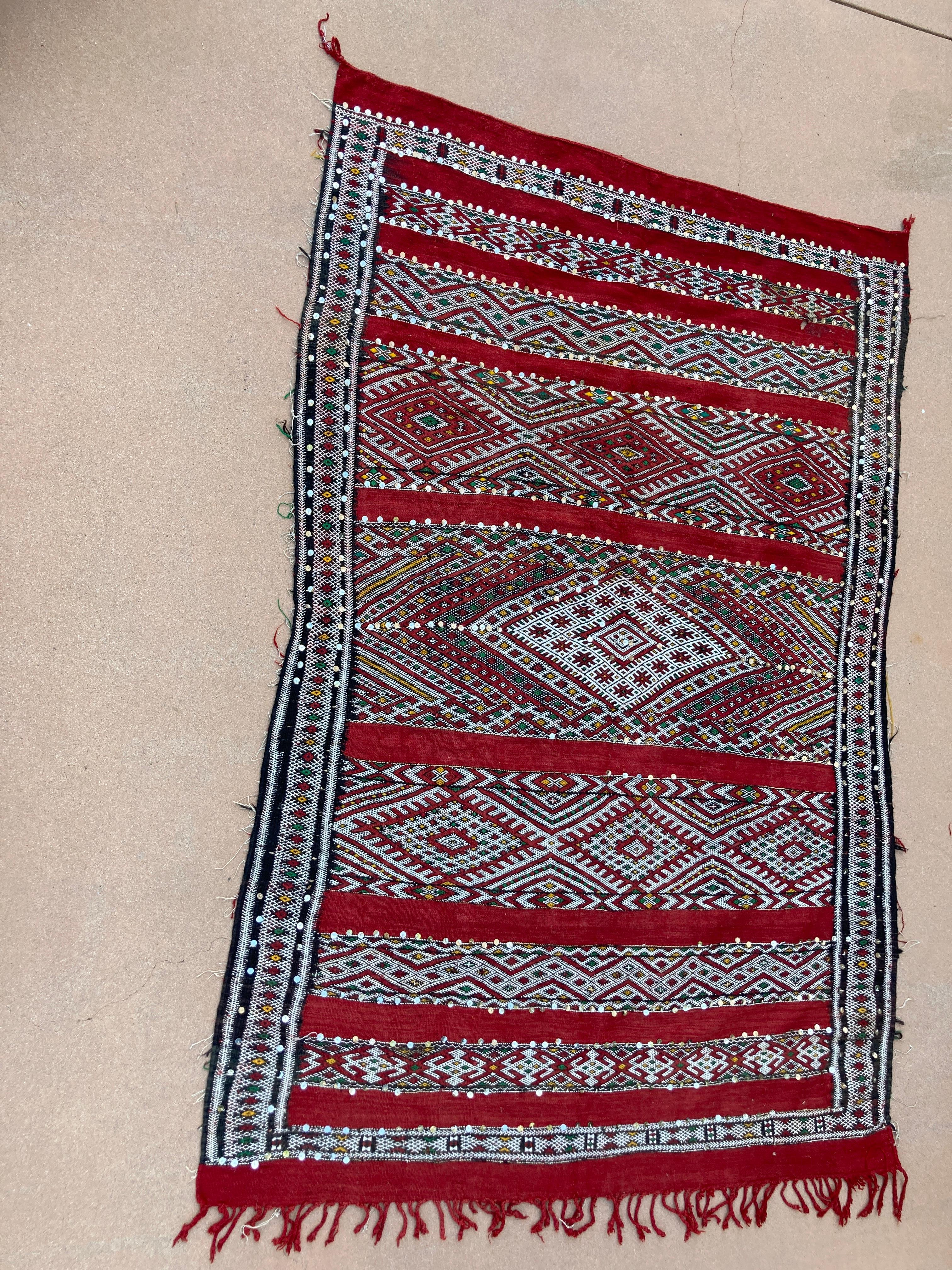 1960s Authentic Moroccan Ethnic Rug with Sequins North Africa, Handira In Good Condition For Sale In North Hollywood, CA
