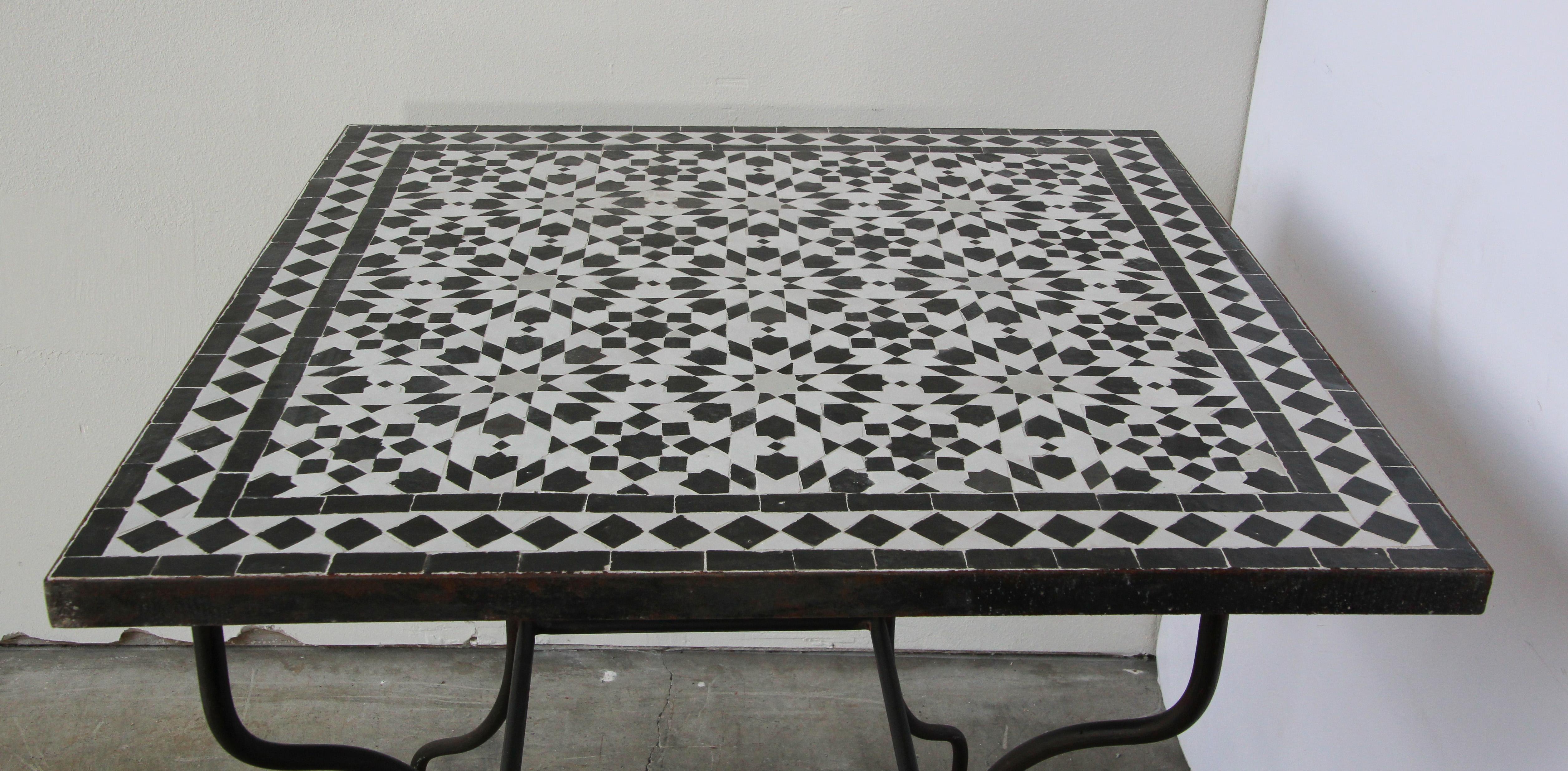 Moroccan Fez Mosaic Table in Black and White Tiles For Sale 6