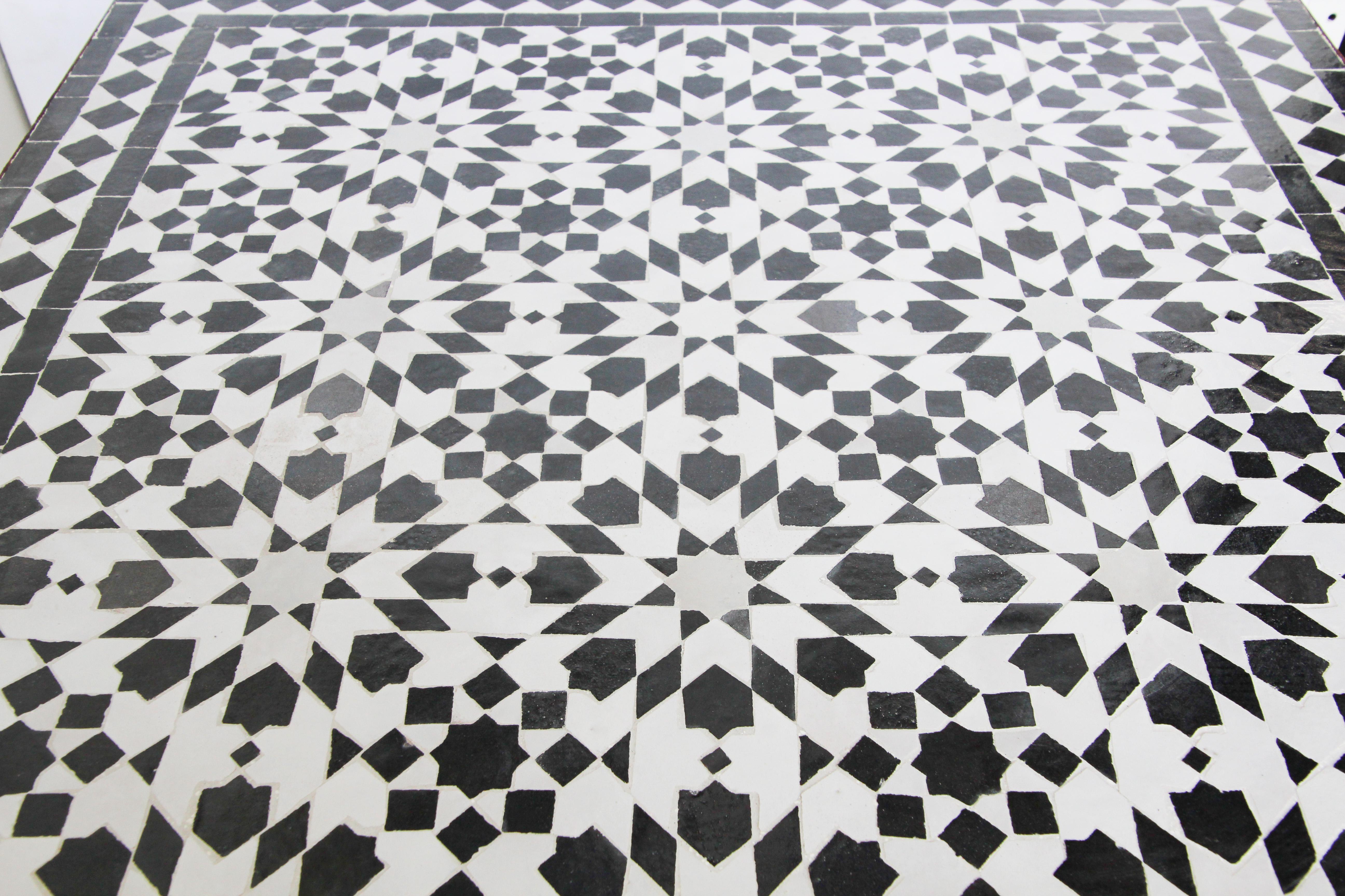 Moroccan Fez Mosaic Table in Black and White Tiles For Sale 8