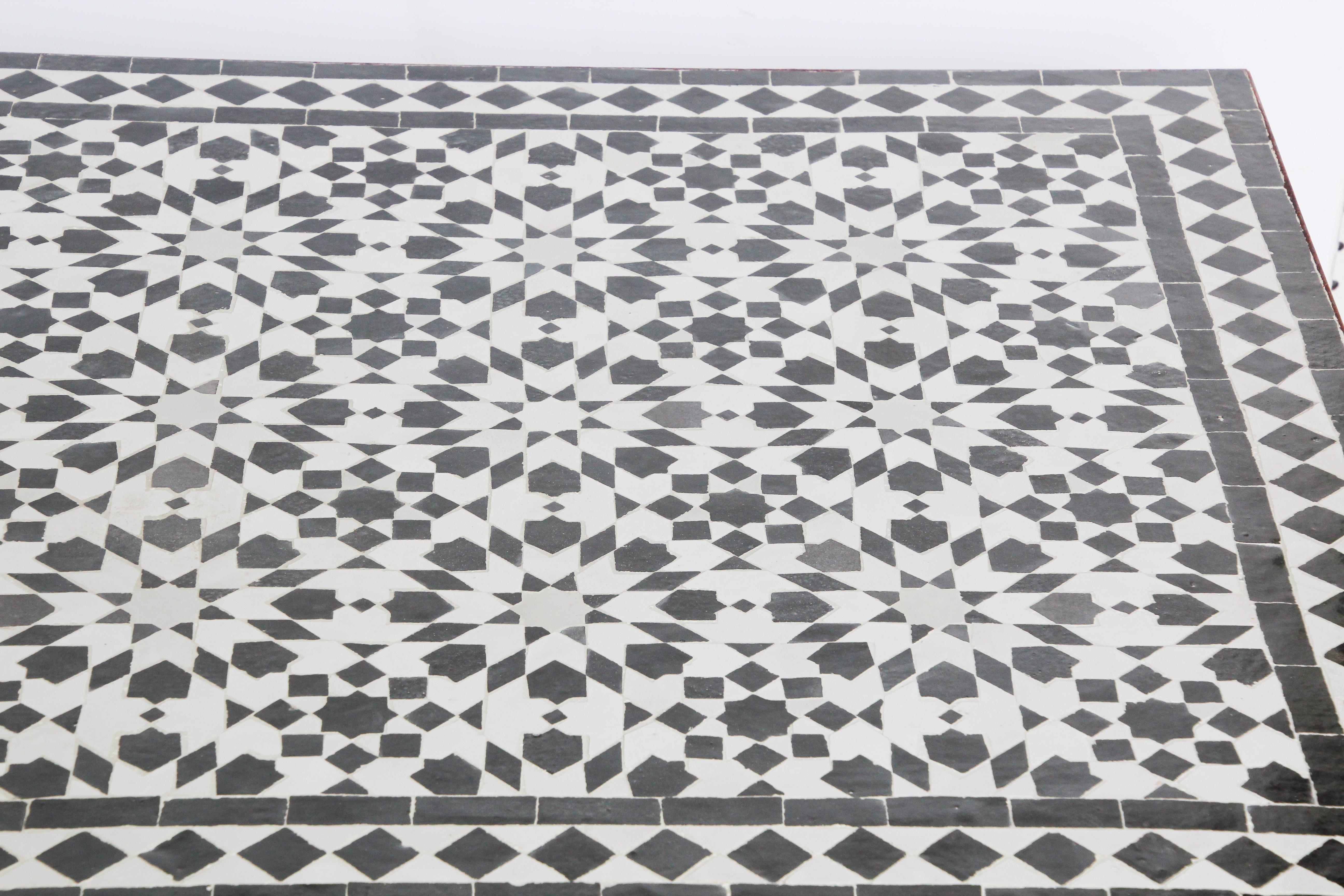 Ceramic Moroccan Fez Mosaic Table in Black and White Tiles For Sale