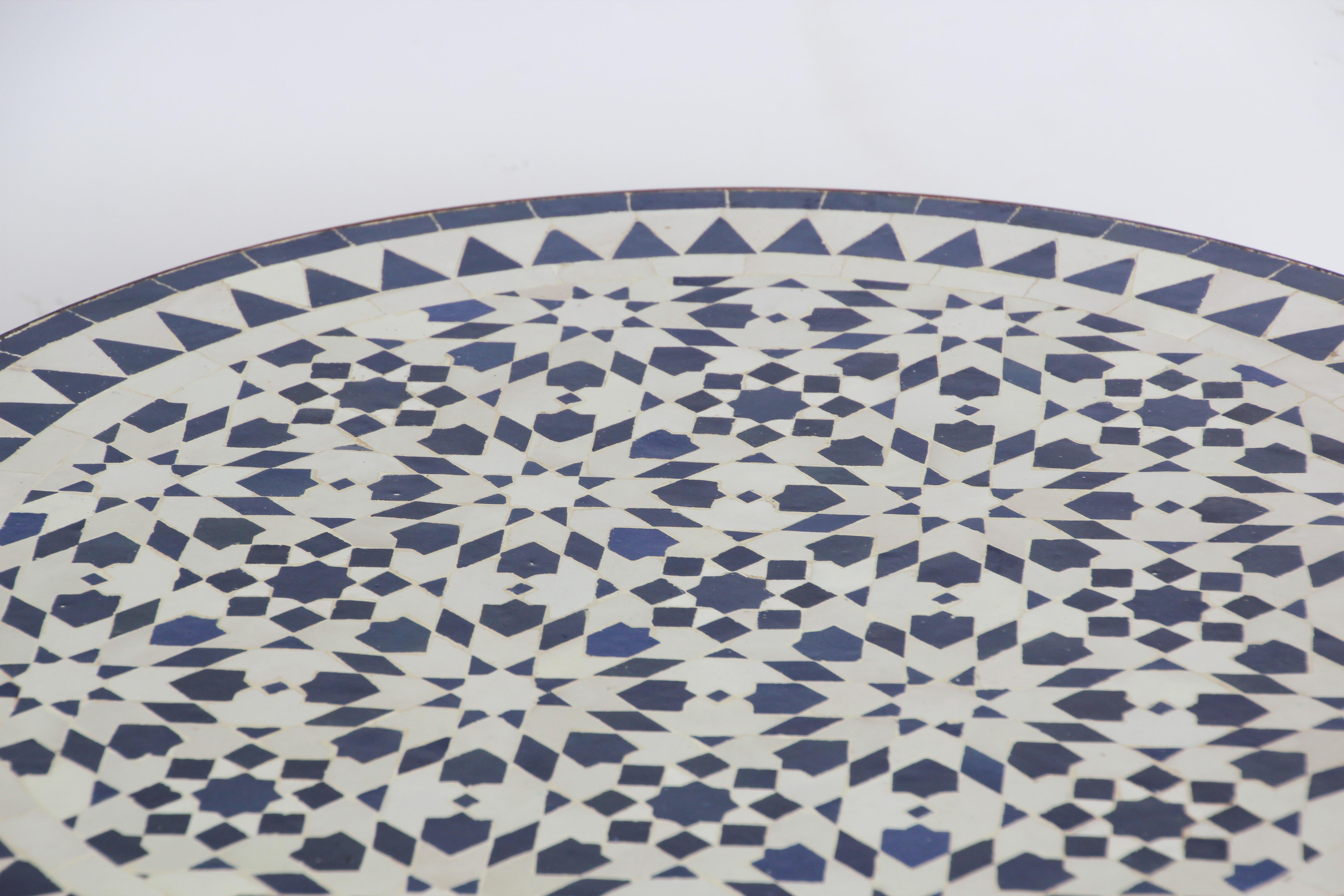 Moroccan Fez Mosaic Blue and White Tiles Bistro Table In Good Condition In North Hollywood, CA