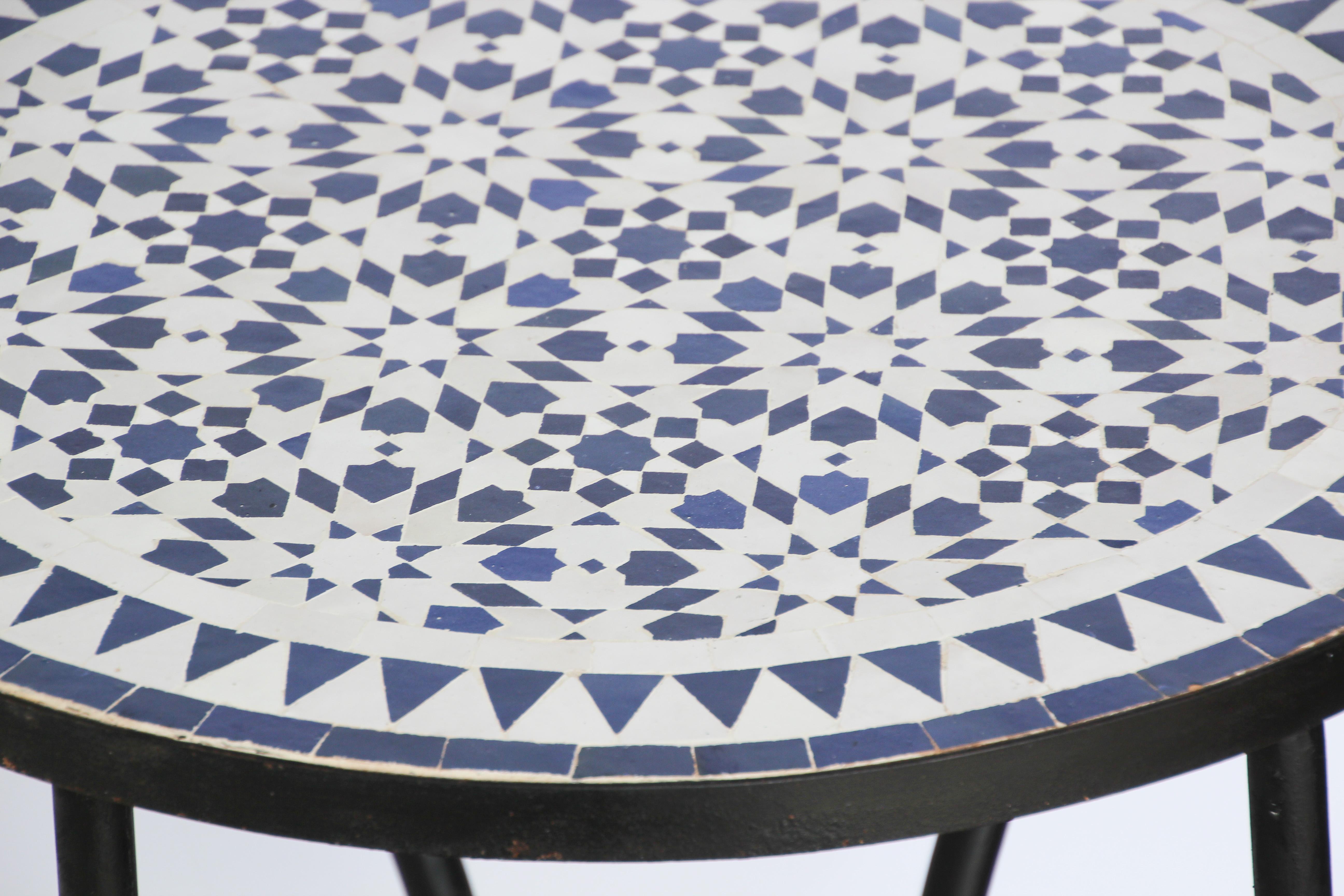 20th Century Moroccan Fez Mosaic Blue and White Tiles Bistro Table