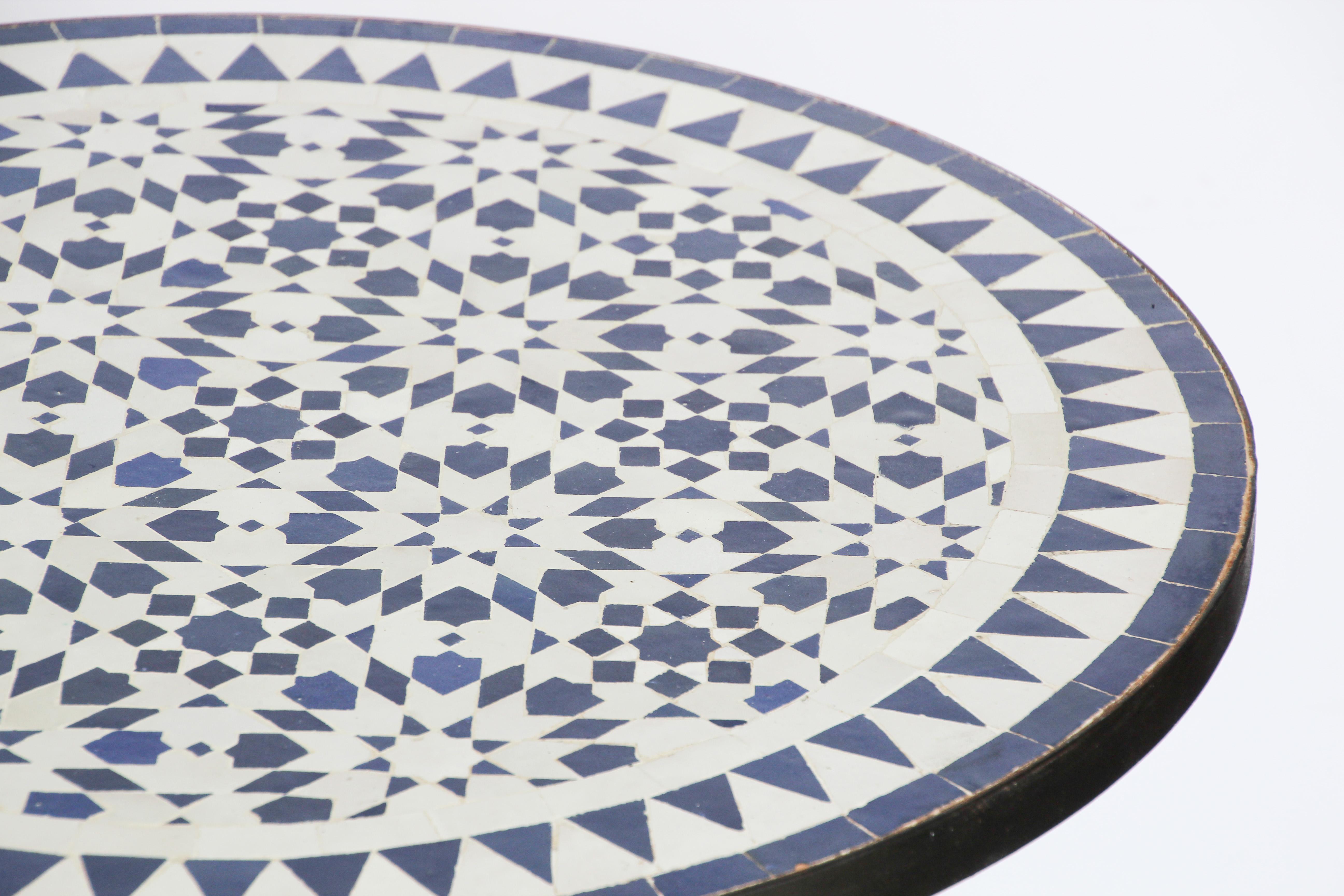 Ceramic Moroccan Fez Mosaic Blue and White Tiles Bistro Table