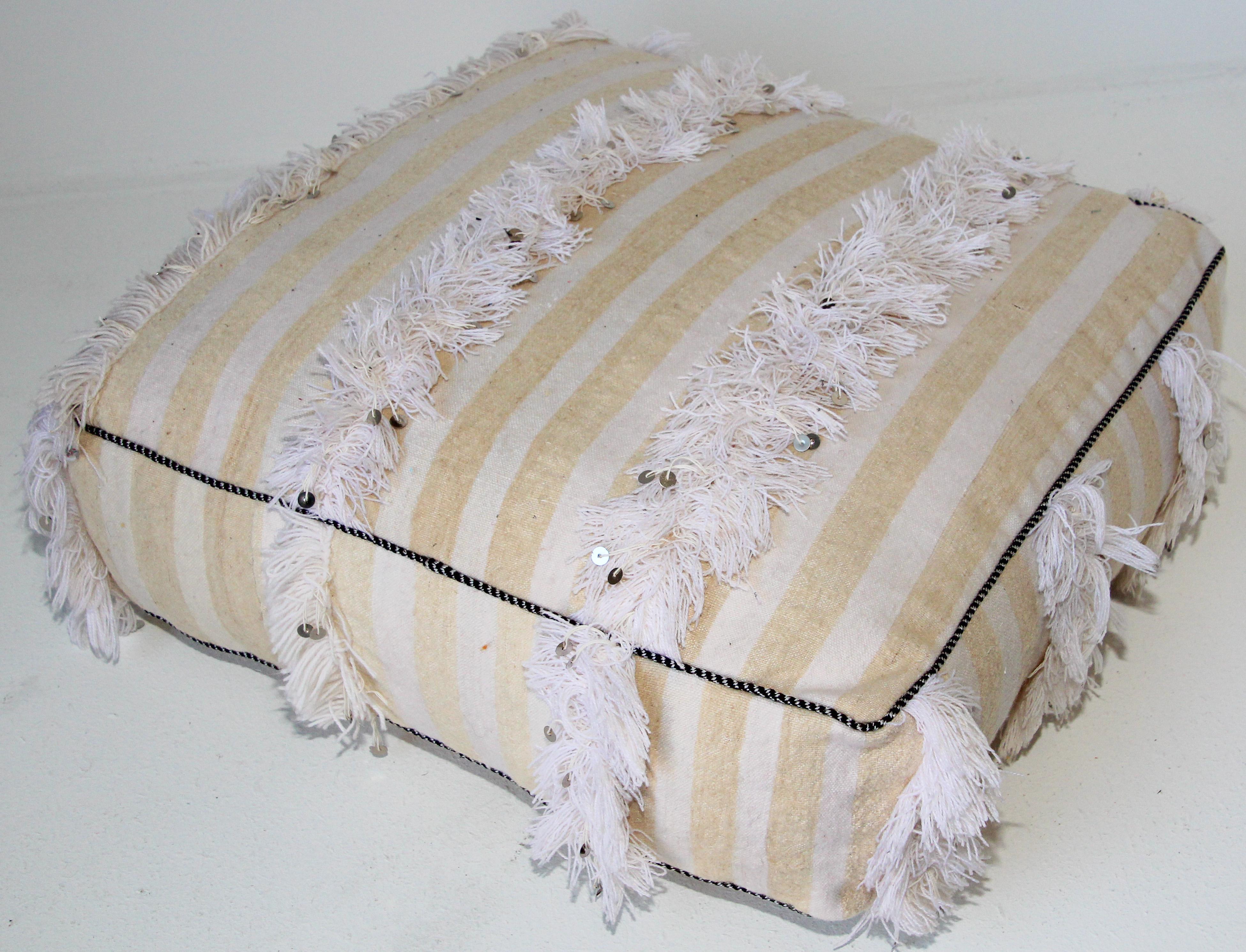 Moroccan Floor Pillow Bohemian Pouf with Silver Sequins and Long Fringes For Sale 1