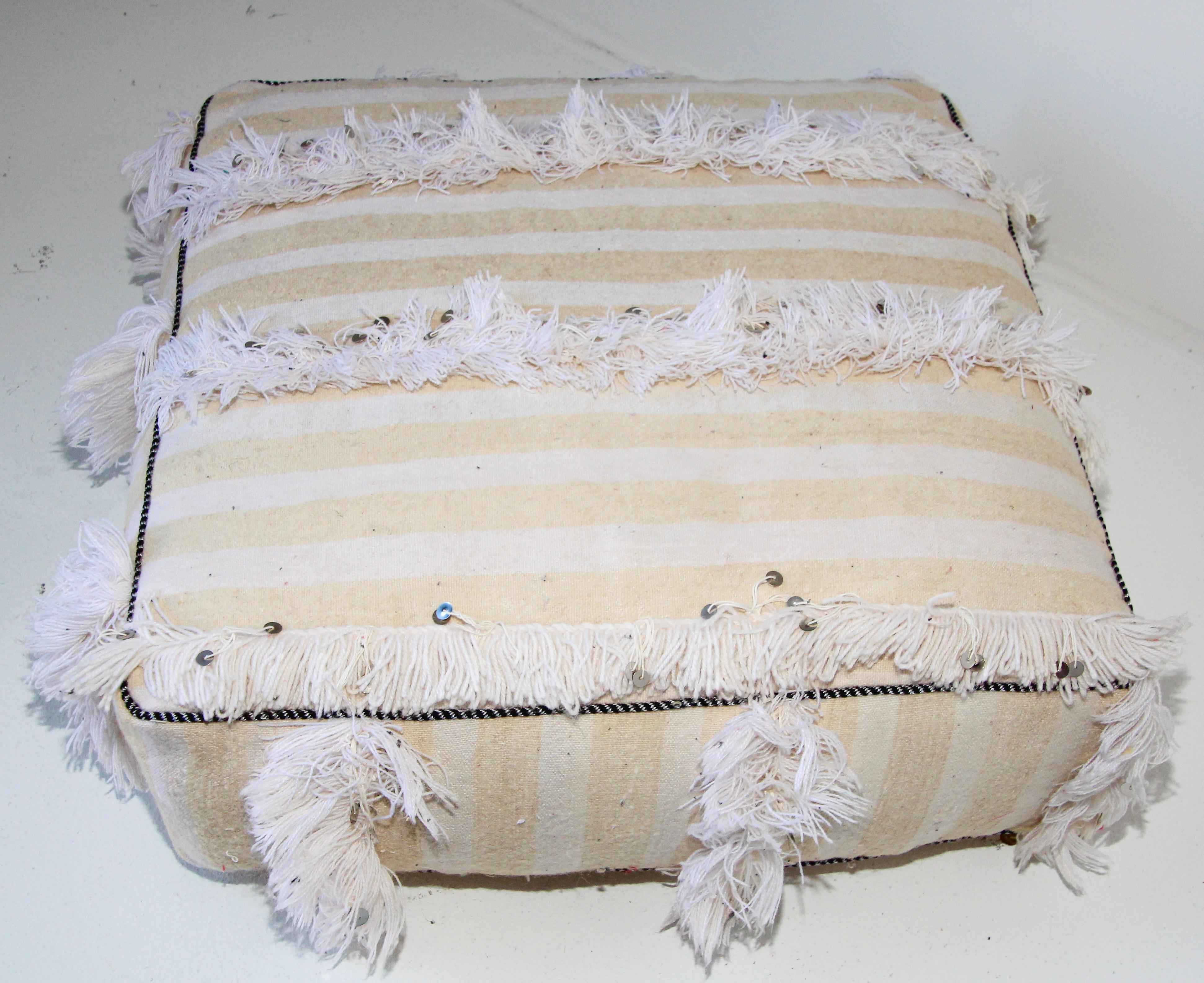 Hand-Crafted Moroccan Floor Pillow Bohemian Pouf with Silver Sequins and Long Fringes For Sale