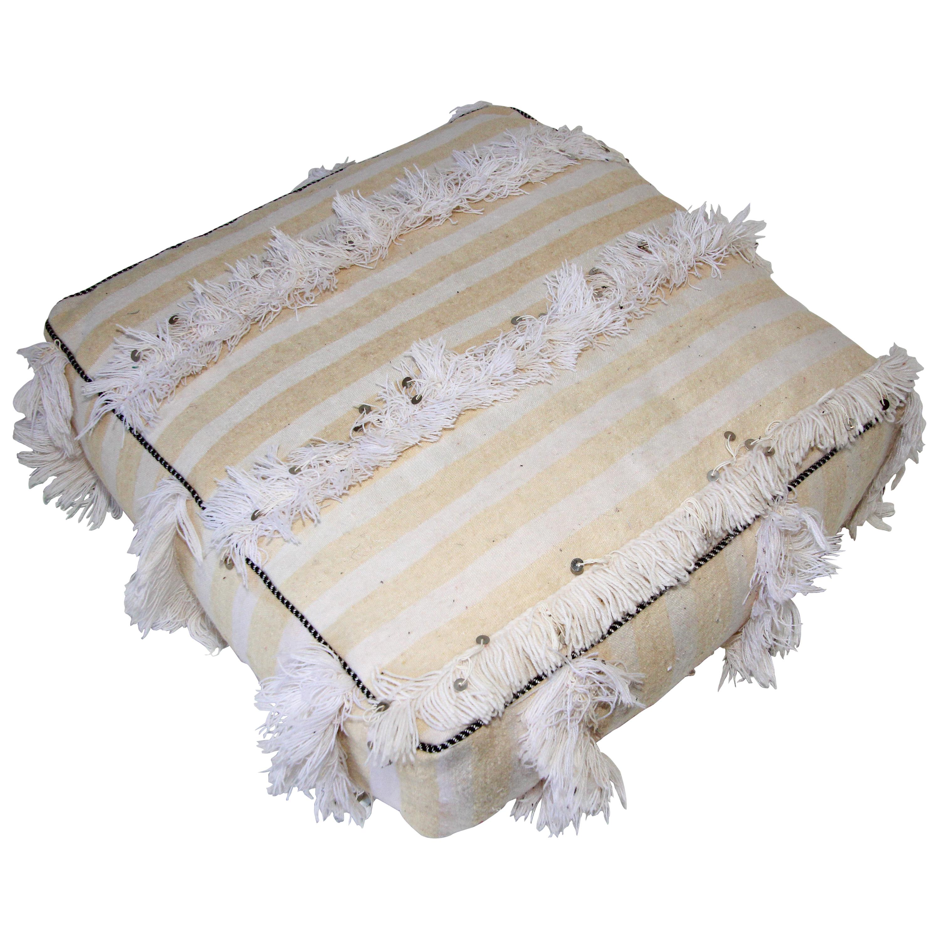 Moroccan Floor Pillow Bohemian Pouf with Silver Sequins and Long Fringes For Sale