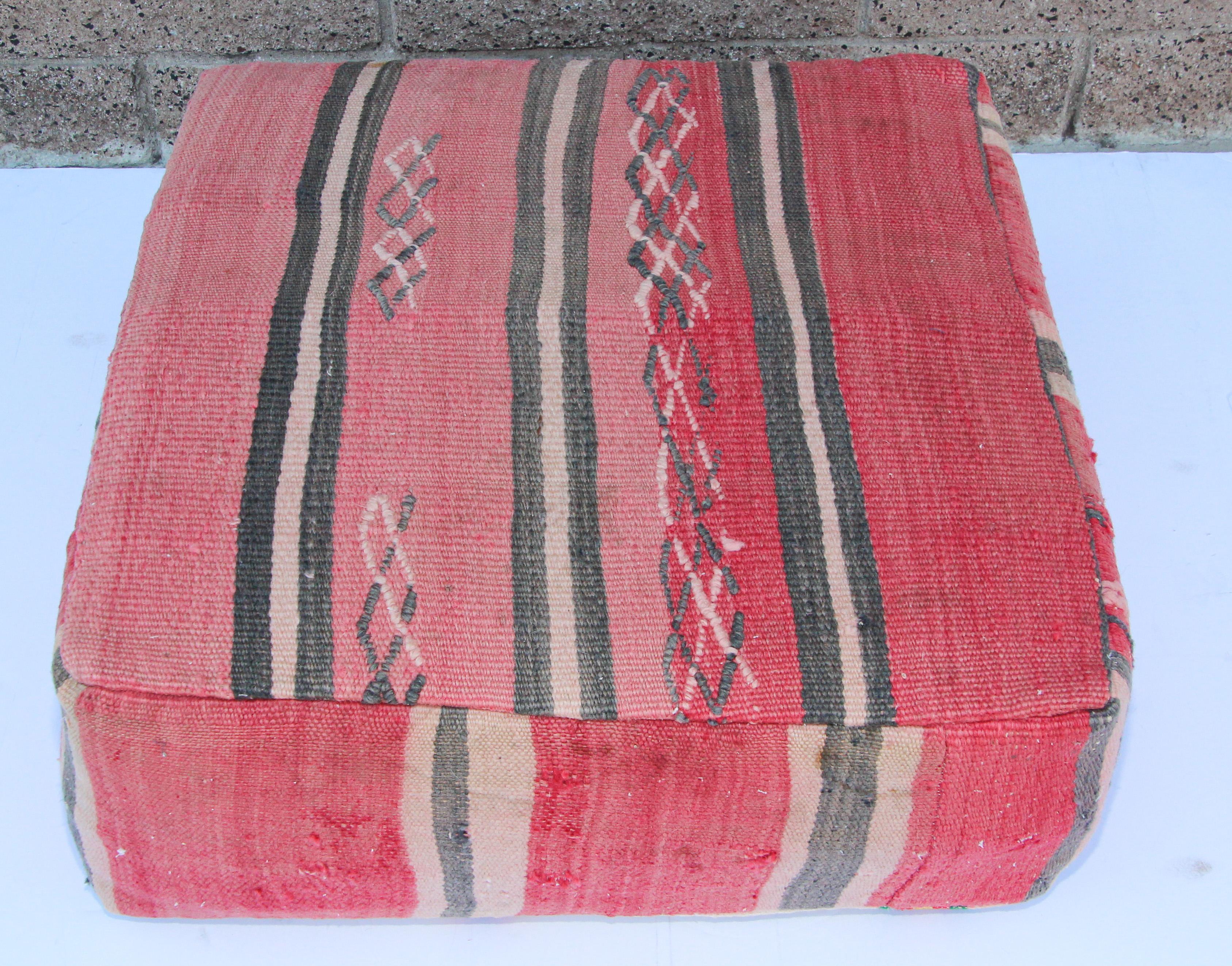Wool Vintage Moroccan Floor Pillow Seat Cushion Made from a Berber Old Rug For Sale
