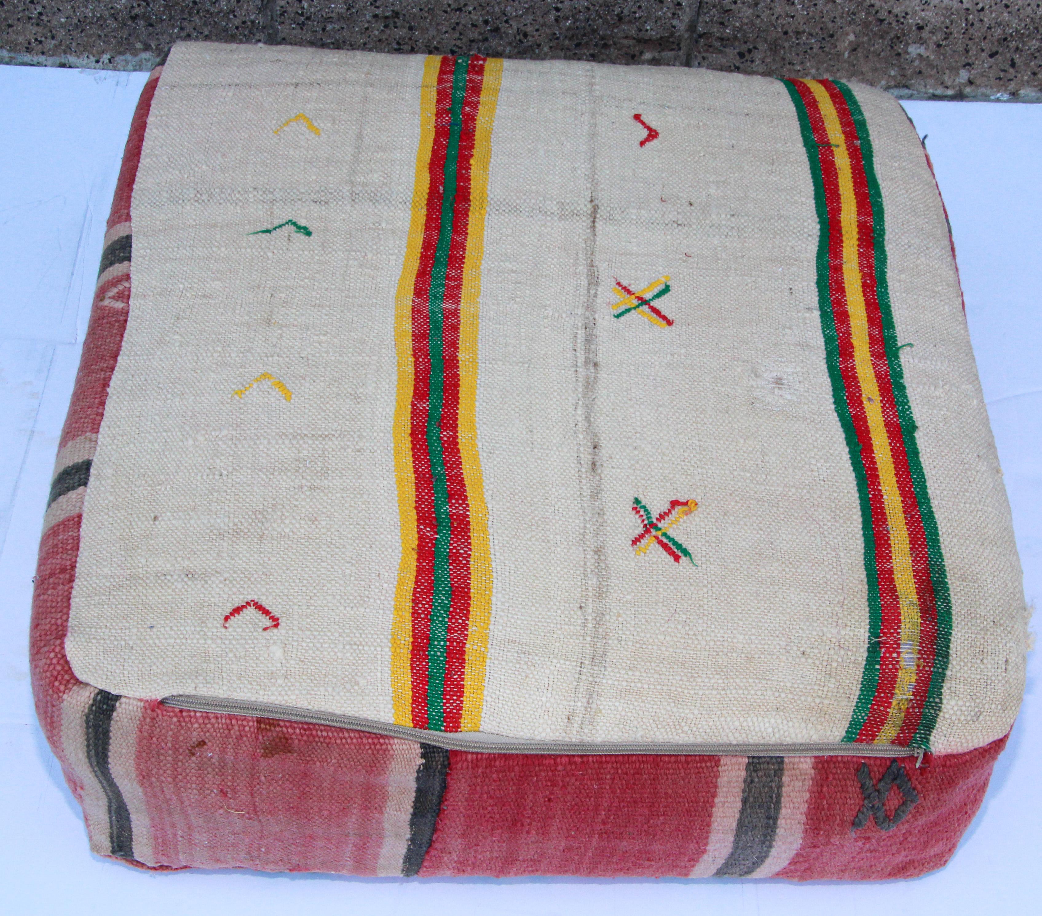 Vintage Moroccan Floor Pillow Seat Cushion Made from a Berber Old Rug For Sale 1