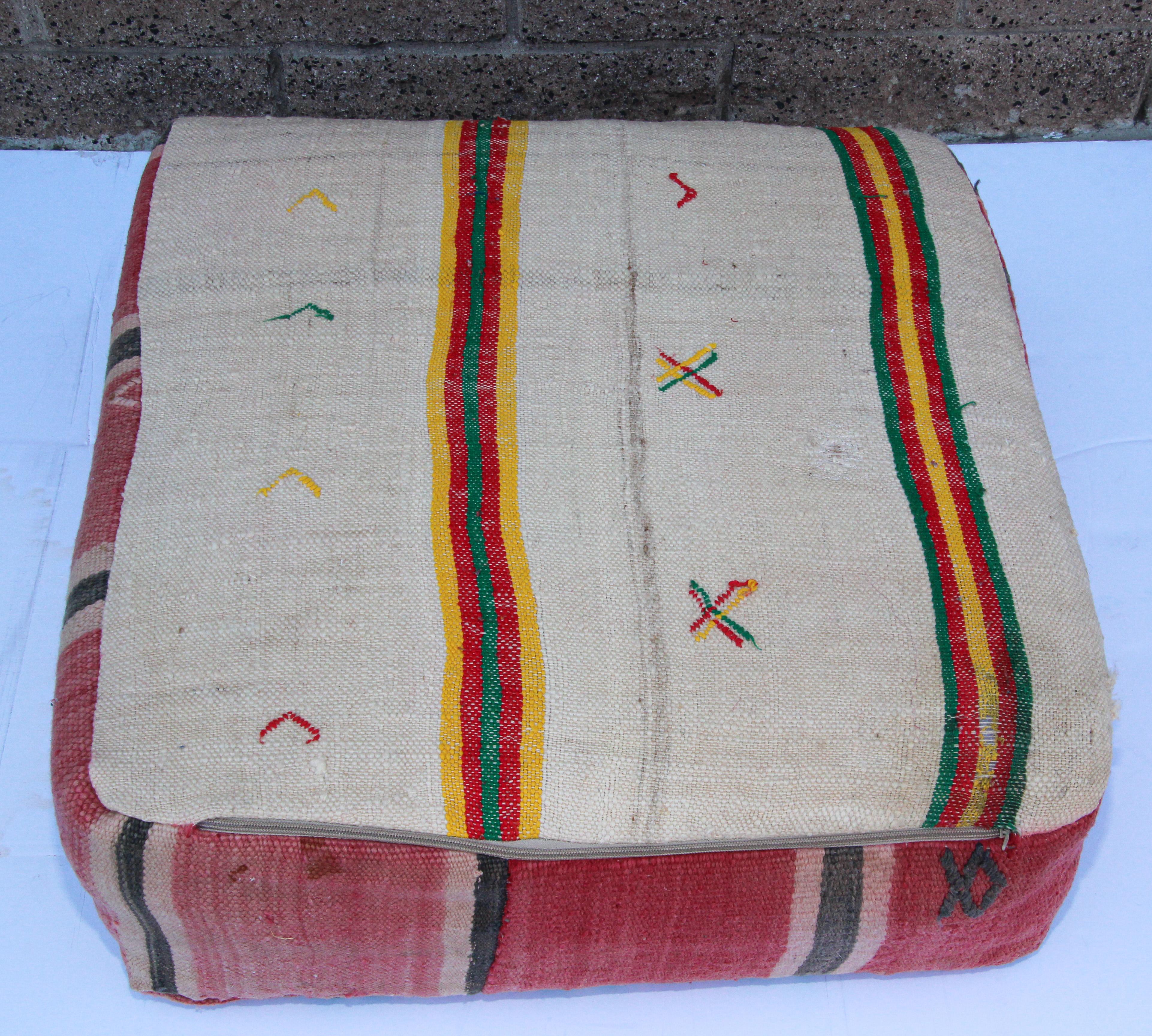 Vintage Moroccan Floor Pillow Seat Cushion Made from a Berber Old Rug For Sale 3