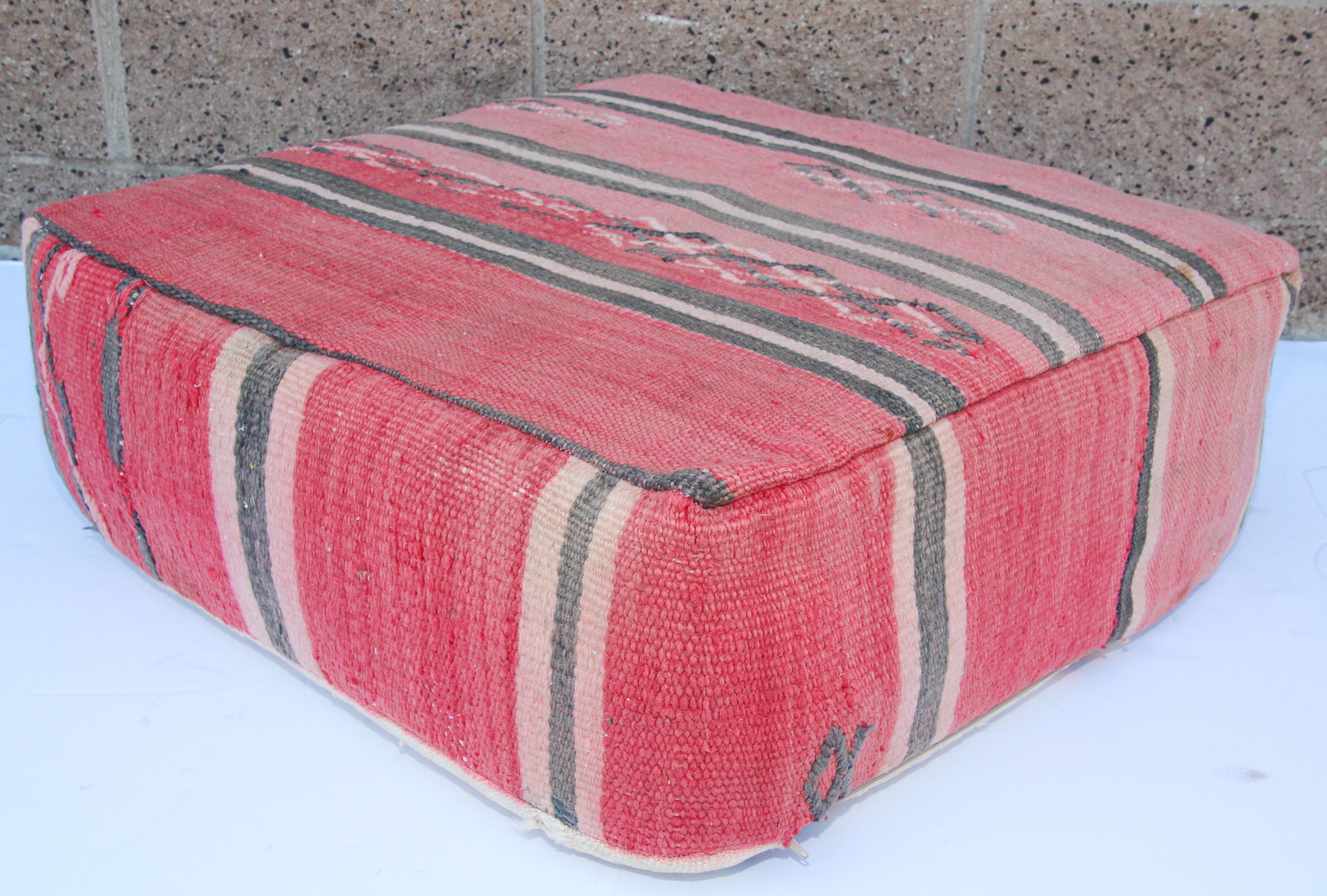 Hand-Woven Vintage Moroccan Floor Pillow Seat Cushion Made from a Berber Old Rug For Sale