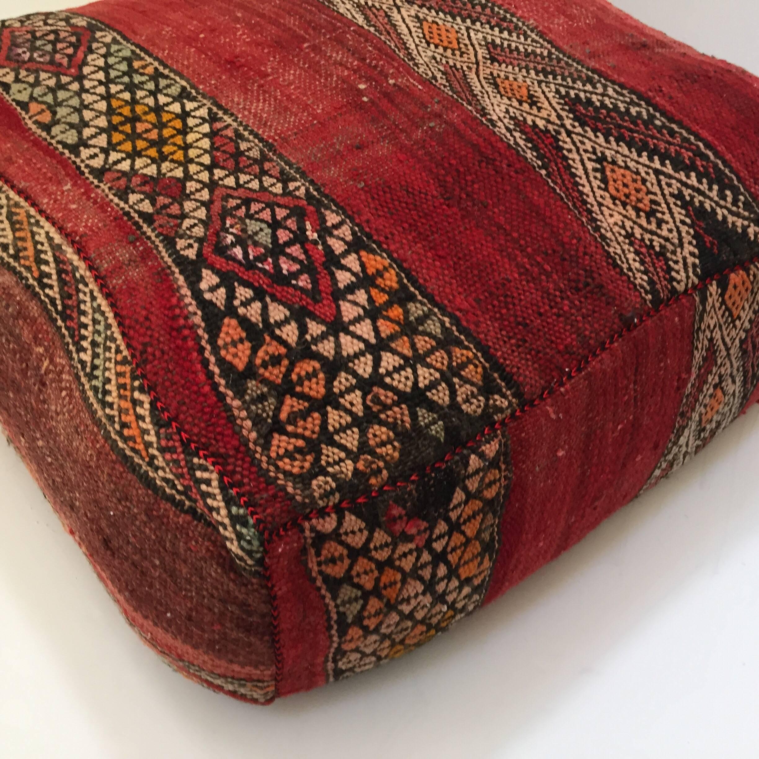 Hand-Woven Moroccan Floor Pillow Tribal Seat Cushion Made from a Vintage Berber Rug