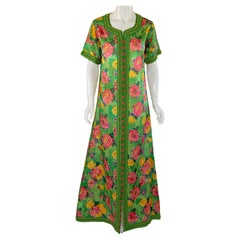 Vintage Moroccan Floral Green Caftan Maxi Dress 1970 Kaftan Size S to M