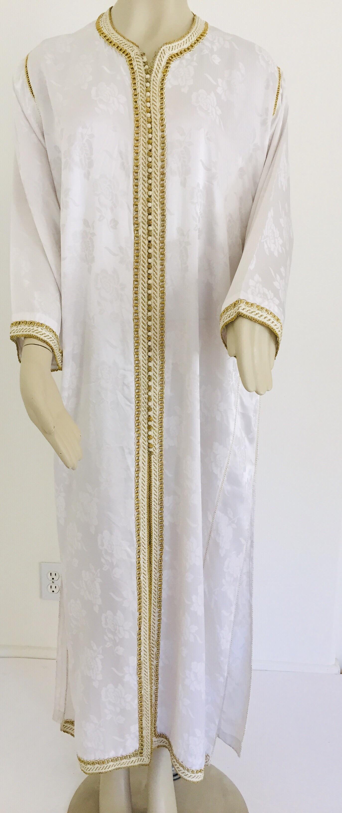 Moroccan Floral White Kaftan Maxi Dress Caftan Size Large For Sale 4