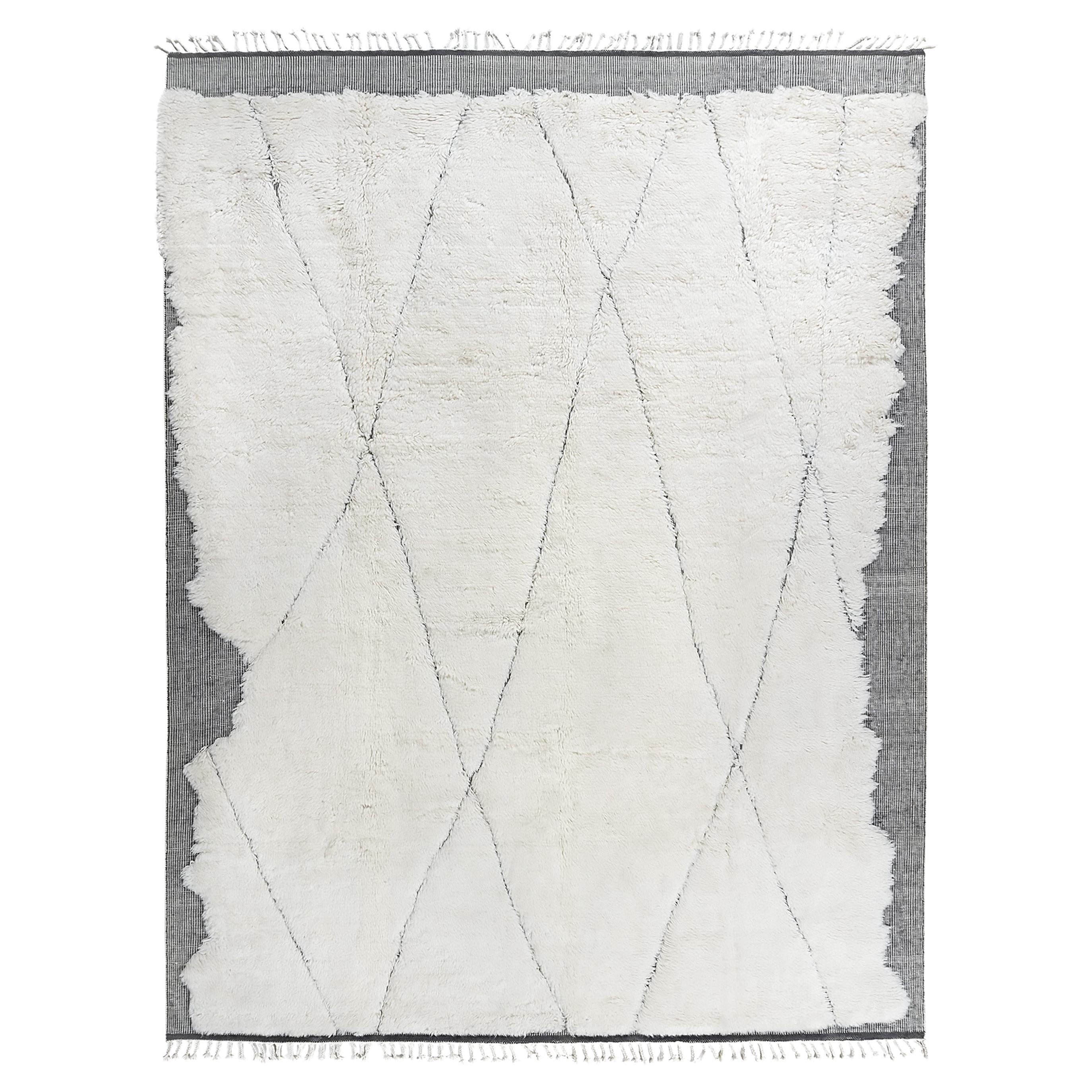 Moroccan Fluffy Collection Erased Ivory Charcoal Hand Knotted Rug  9' x 12' For Sale
