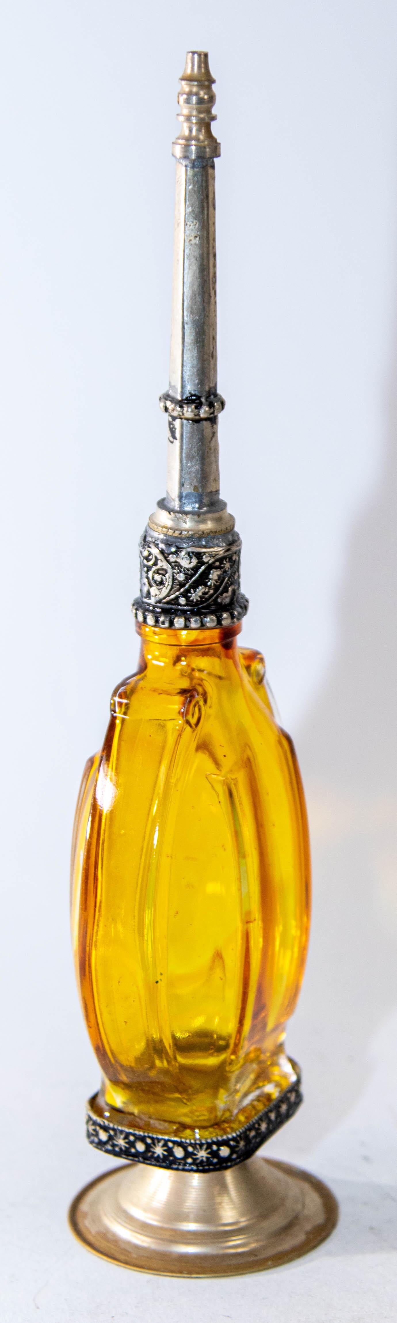 Islamic Moroccan Footed Glass Perfume Bottle Sprinkler with Embossed Metal Overlay For Sale