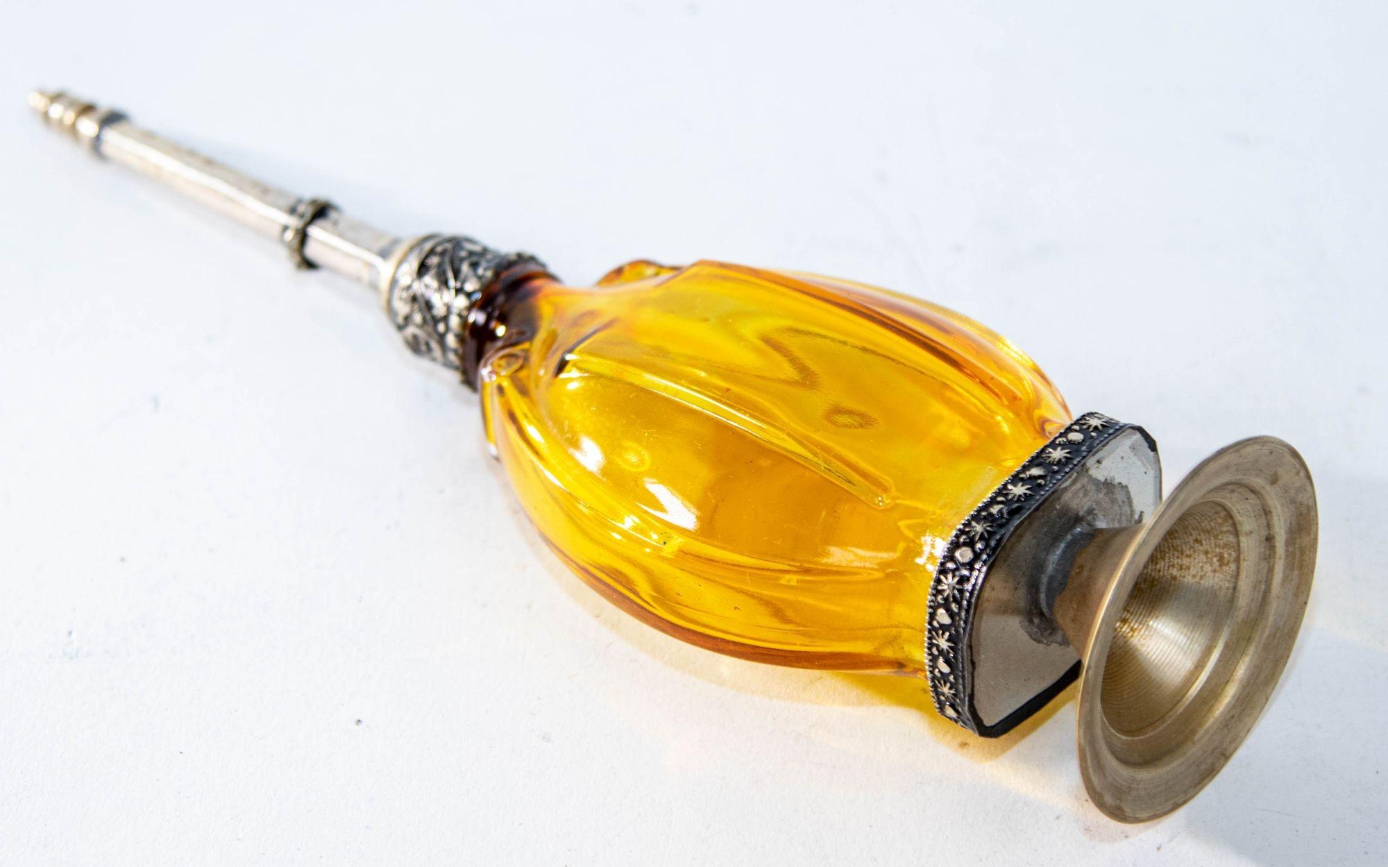 Moroccan Footed Glass Perfume Bottle Sprinkler with Embossed Metal Overlay In Good Condition For Sale In North Hollywood, CA