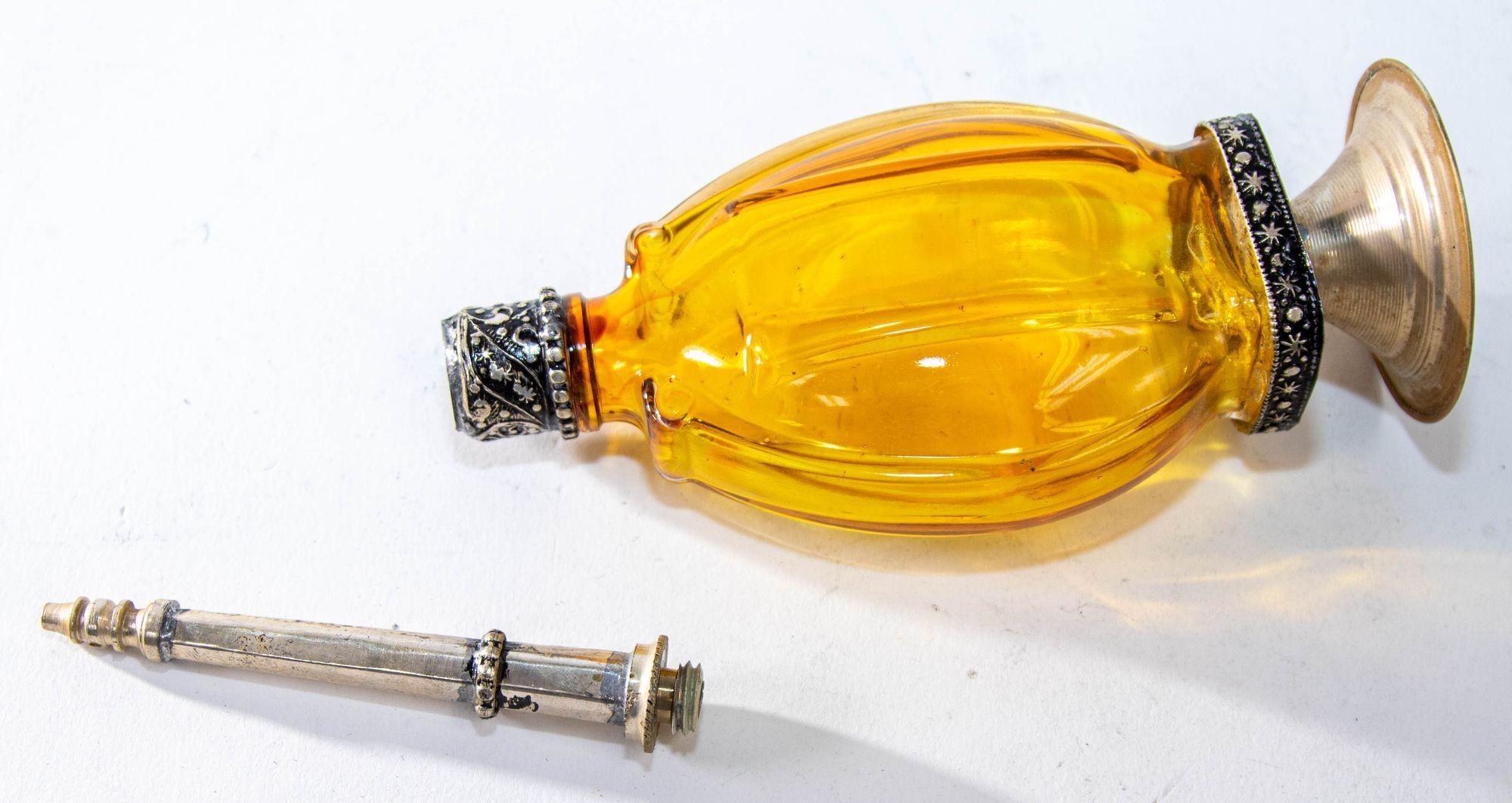 20th Century Moroccan Footed Glass Perfume Bottle Sprinkler with Embossed Metal Overlay For Sale
