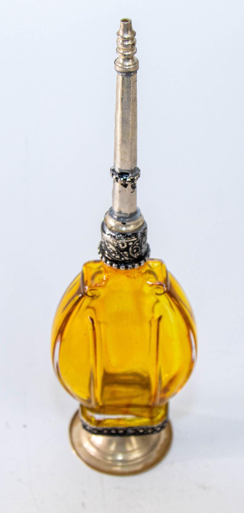 Moroccan Footed Glass Perfume Bottle Sprinkler with Embossed Metal Overlay For Sale 1