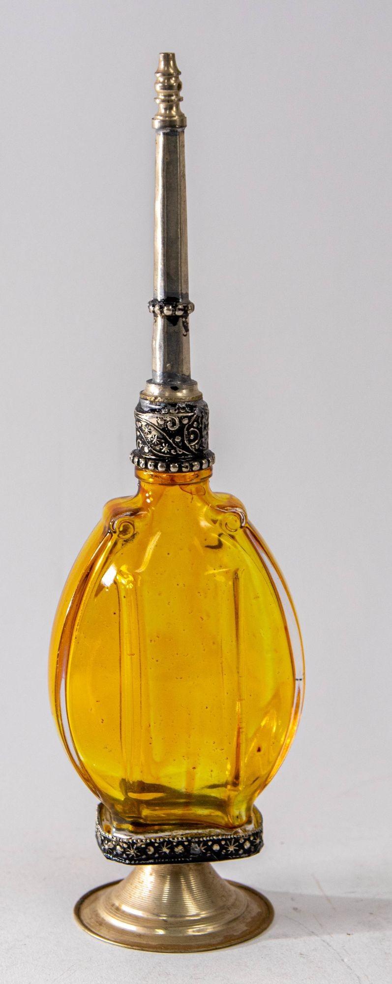 Moroccan Footed Glass Perfume Bottle Sprinkler with Embossed Metal Overlay For Sale 2